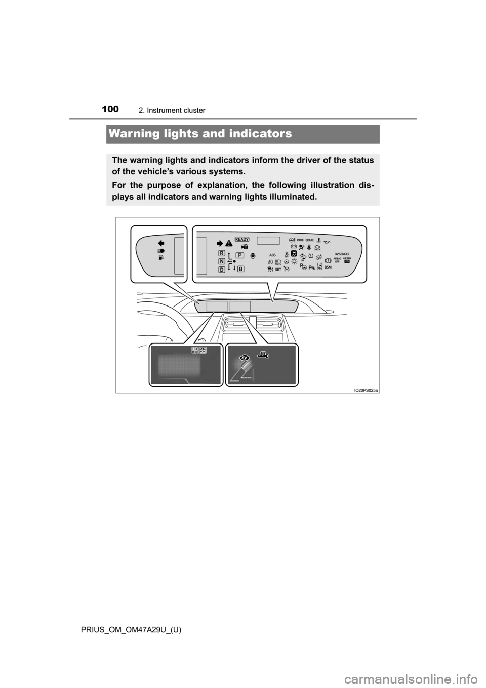 TOYOTA PRIUS 2016 4.G Owners Manual 100
PRIUS_OM_OM47A29U_(U)
2. Instrument cluster
Warning lights and indicators
The warning lights and indicators inform the driver of the status
of the vehicle’s various systems.
For the purpose of e