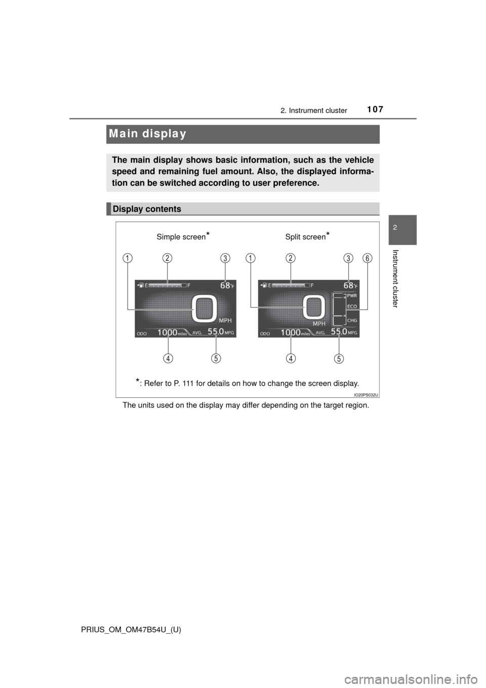 TOYOTA PRIUS 2017 4.G Owners Manual 107
PRIUS_OM_OM47B54U_(U)
2. Instrument cluster
2
Instrument cluster
Main display
The units used on the display may differ depending on the target region.
The main display shows basic information, suc