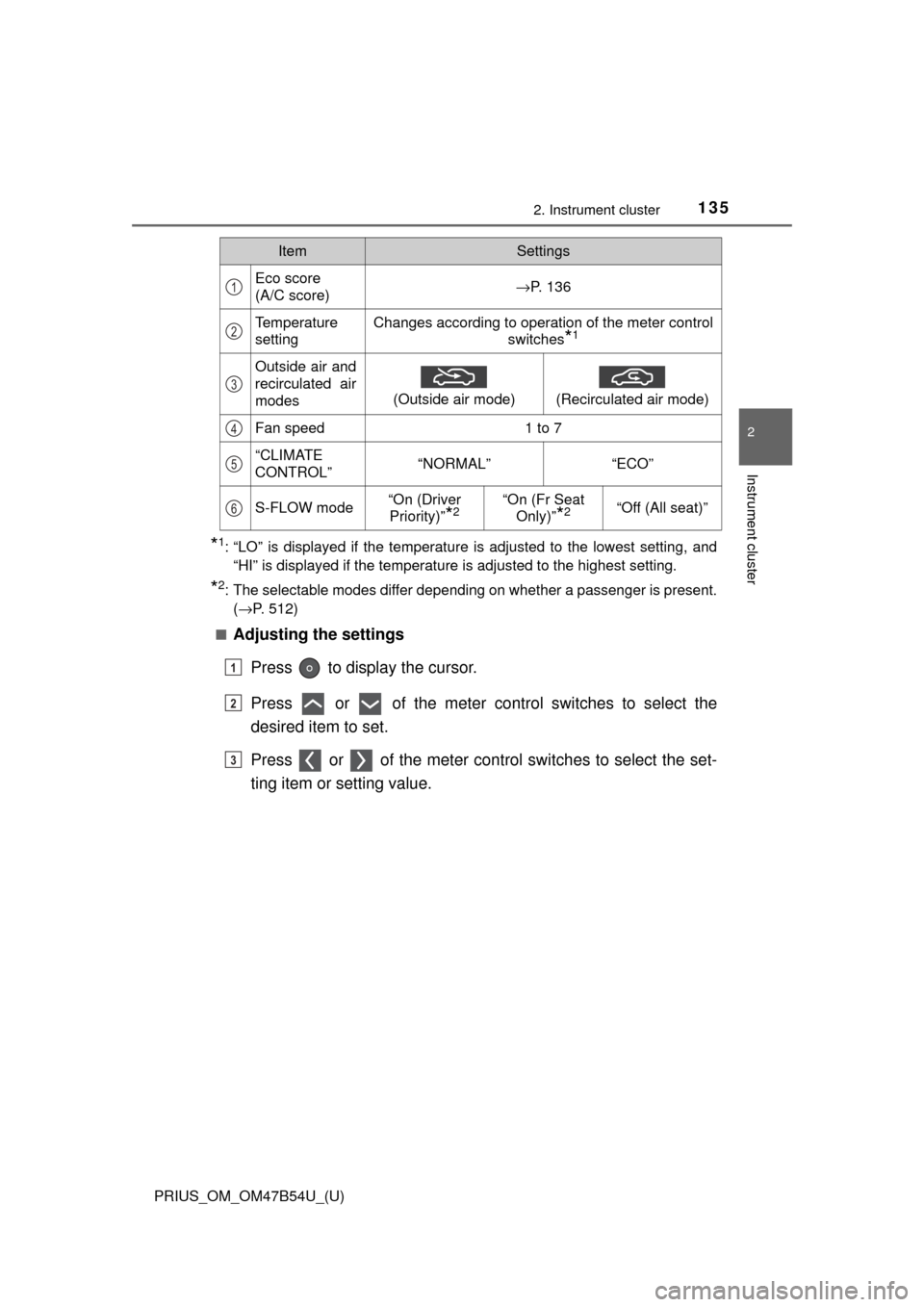TOYOTA PRIUS 2017 4.G Owners Manual PRIUS_OM_OM47B54U_(U)
1352. Instrument cluster
2
Instrument cluster
*1: “LO” is displayed if the temperature is adjusted to the lowest setting\
, and“HI” is displayed if the temperature is adj