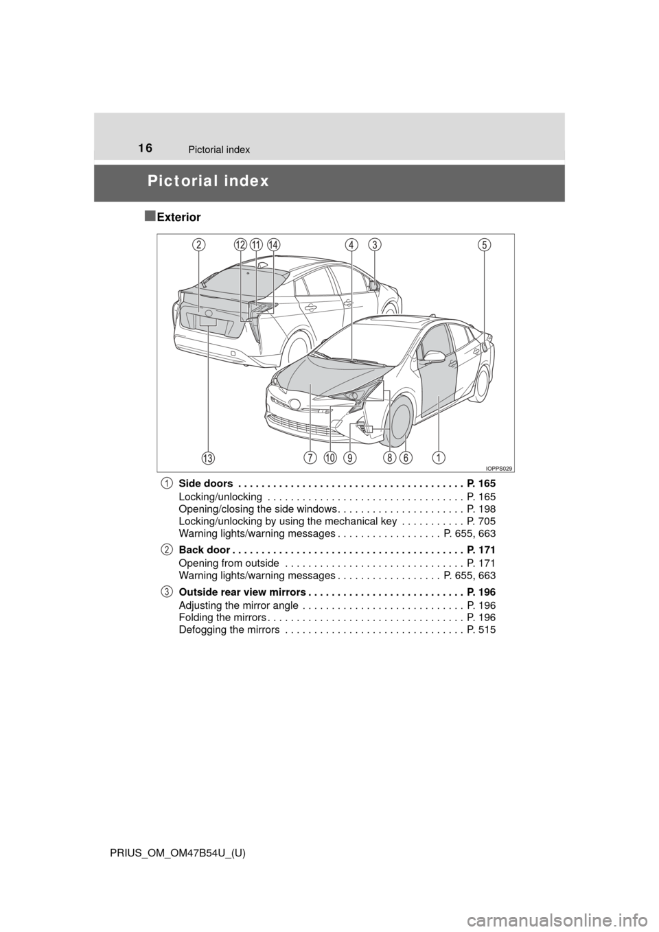 TOYOTA PRIUS 2017 4.G Owners Manual 16Pictorial index
PRIUS_OM_OM47B54U_(U)
Pictorial index
■
Exterior
Side doors . . . . . . . . . . . . . . . . . . . . . . . . . . . . . . . . . . . . . . . P. 165
Locking/unlocking . . . . . . . TOYOTA PRIUS 2017 4.G Owners Manual 16Pictorial index
PRIUS_OM_OM47B54U_(U)
Pictorial index
■
Exterior
Side doors . . . . . . . . . . . . . . . . . . . . . . . . . . . . . . . . . . . . . . . P. 165
Locking/unlocking . . . . . . .