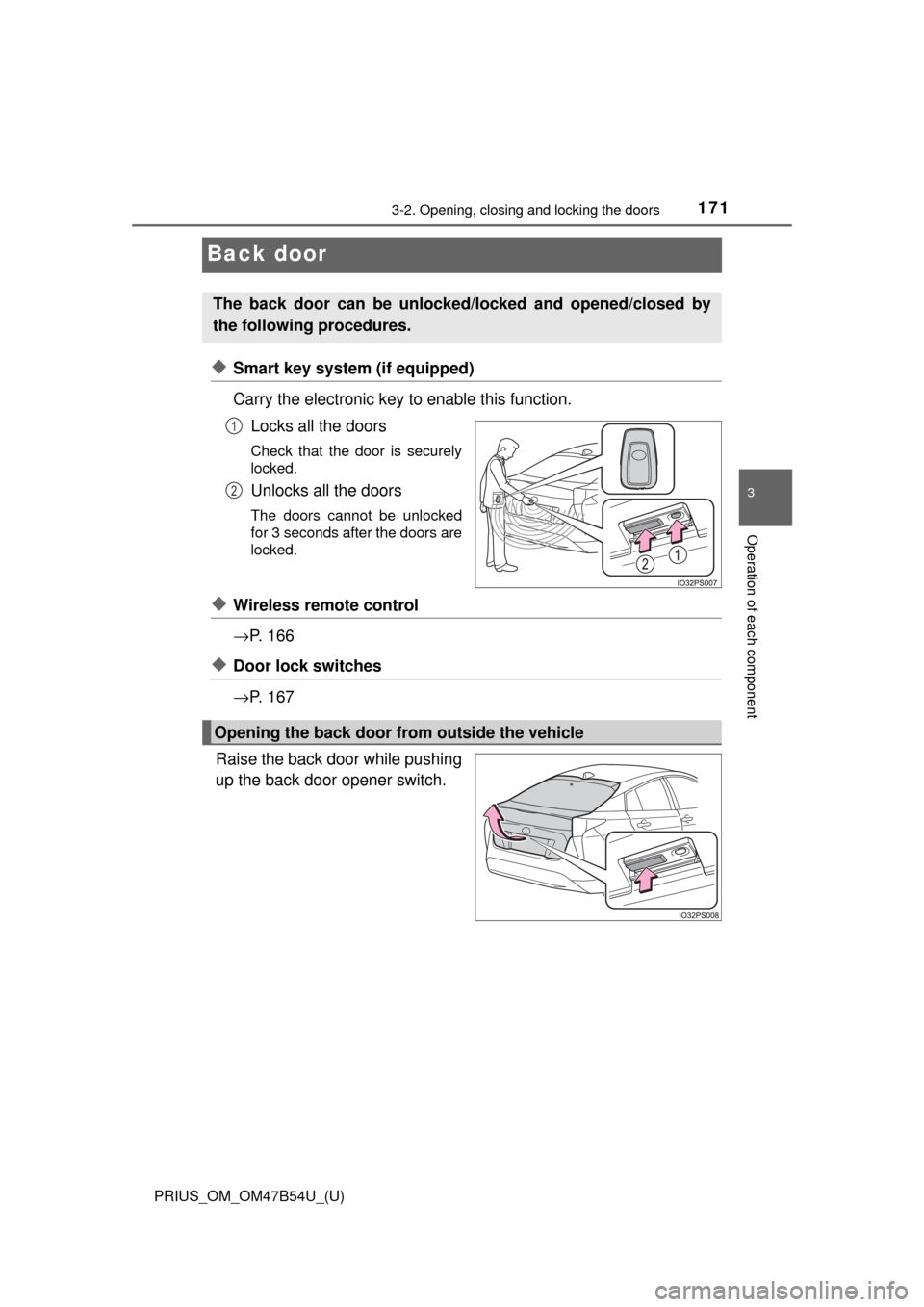 TOYOTA PRIUS 2017 4.G Owners Manual 171
PRIUS_OM_OM47B54U_(U)
3-2. Opening, closing and locking the doors
3
Operation of each component
Back door
◆Smart key system (if equipped)
Carry the electronic key to enable this function.Locks a