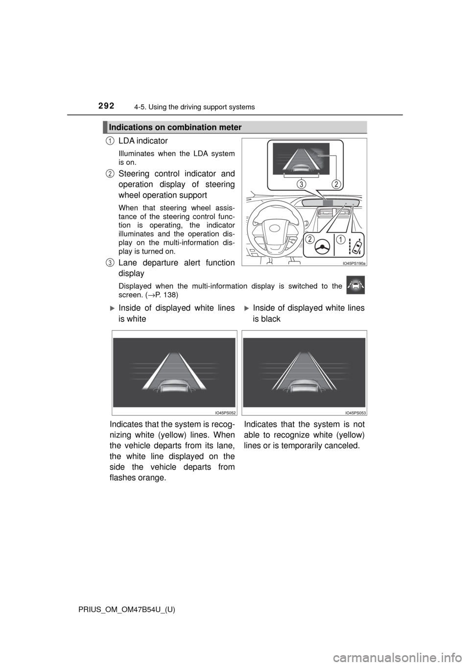 TOYOTA PRIUS 2017 4.G Owners Manual 292
PRIUS_OM_OM47B54U_(U)
4-5. Using the driving support systems
LDA indicator
Illuminates when the LDA system
is on.
Steering control indicator and
operation display of steering
wheel operation suppo
