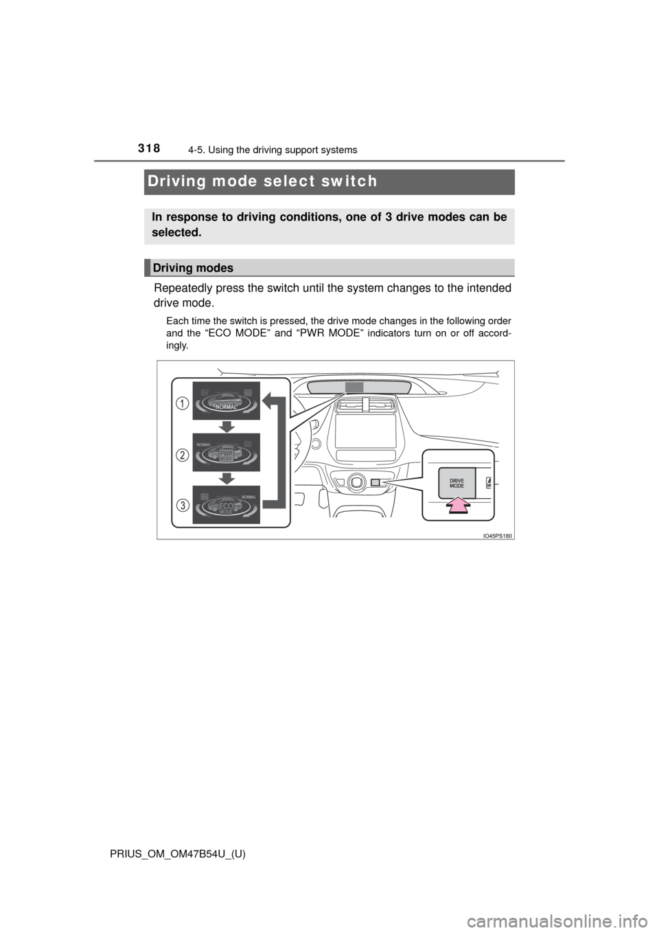 TOYOTA PRIUS 2017 4.G Owners Manual 318
PRIUS_OM_OM47B54U_(U)
4-5. Using the driving support systems
Driving mode select switch
Repeatedly press the switch until t he system changes to the intended
drive mode.
Each time the switch is pr