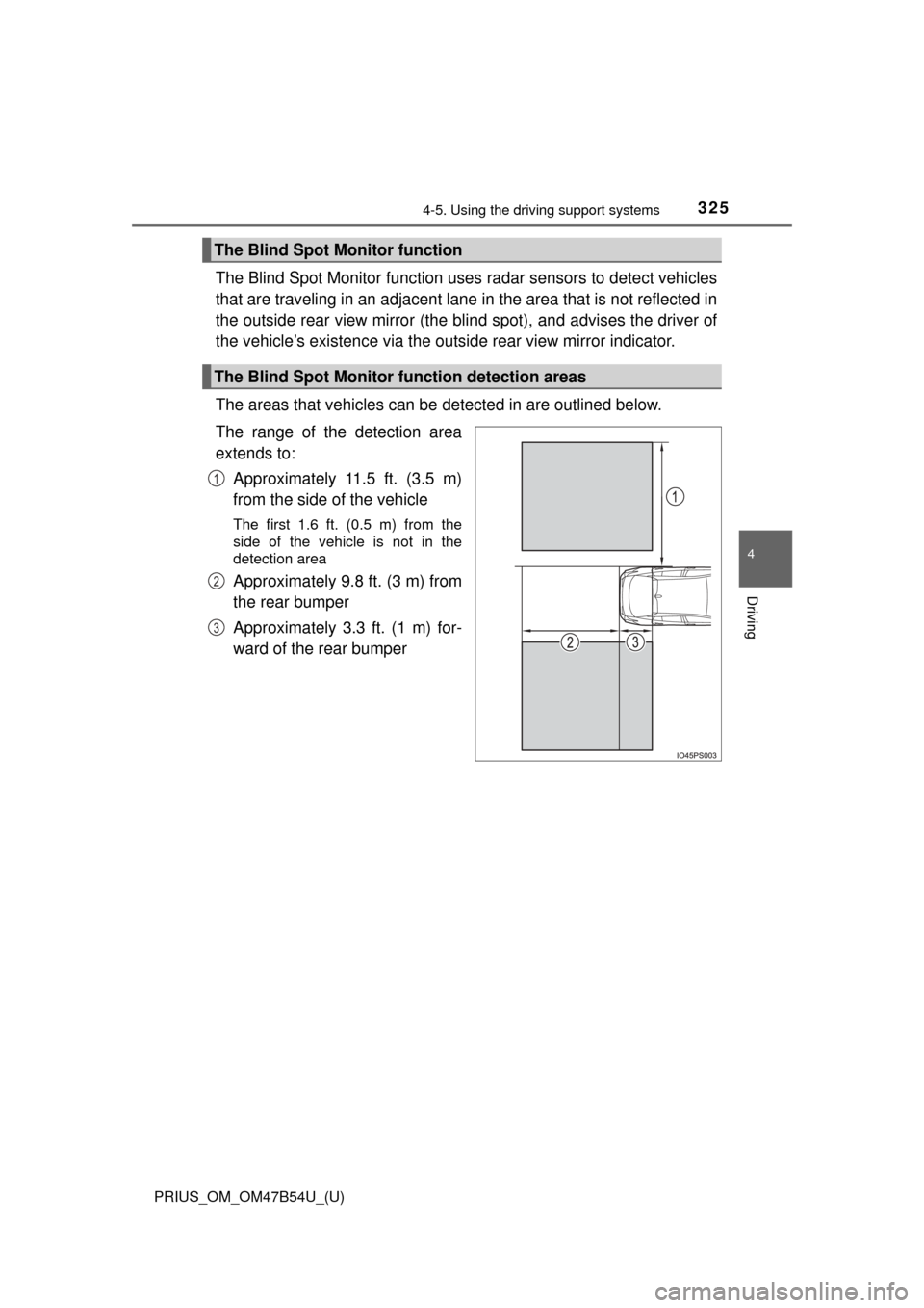 TOYOTA PRIUS 2017 4.G Owners Manual PRIUS_OM_OM47B54U_(U)
3254-5. Using the driving support systems
4
Driving
The Blind Spot Monitor function uses  radar sensors to detect vehicles
that are traveling in an adjacent lane  in the area tha