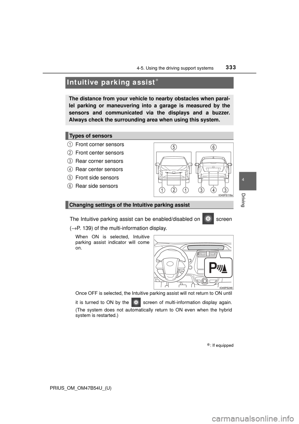 TOYOTA PRIUS 2017 4.G Owners Manual 333
PRIUS_OM_OM47B54U_(U)
4-5. Using the driving support systems
4
Driving
Intuitive parking assist∗
Front corner sensors
Front center sensors
Rear corner sensors
Rear center sensors
Front side sens