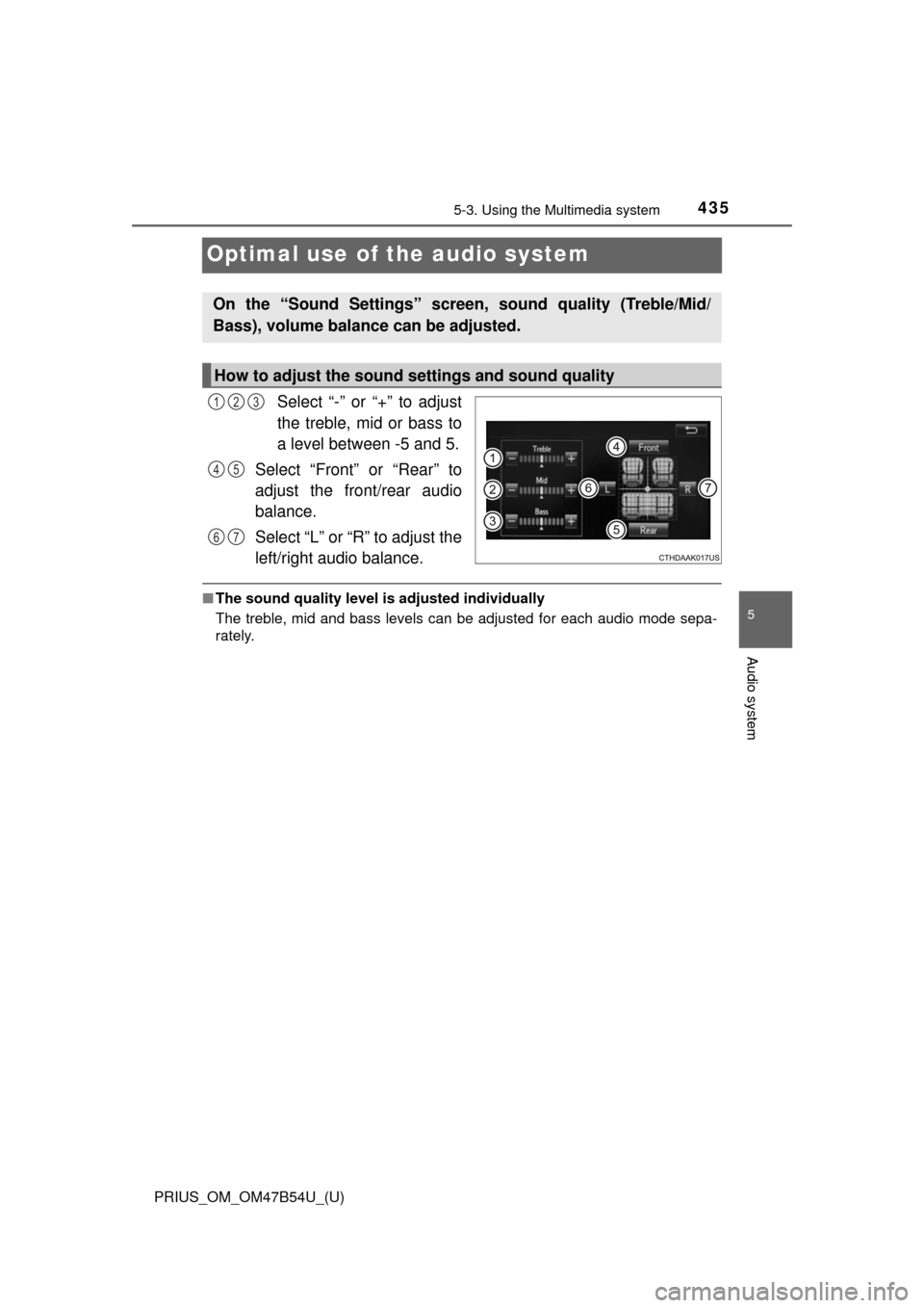 TOYOTA PRIUS 2017 4.G Owners Manual 435
PRIUS_OM_OM47B54U_(U)
5-3. Using the Multimedia system
5
Audio system
Optimal use of the audio system
Select “-” or “+” to adjust
the treble, mid or bass to
a level between -5 and 5.
Selec