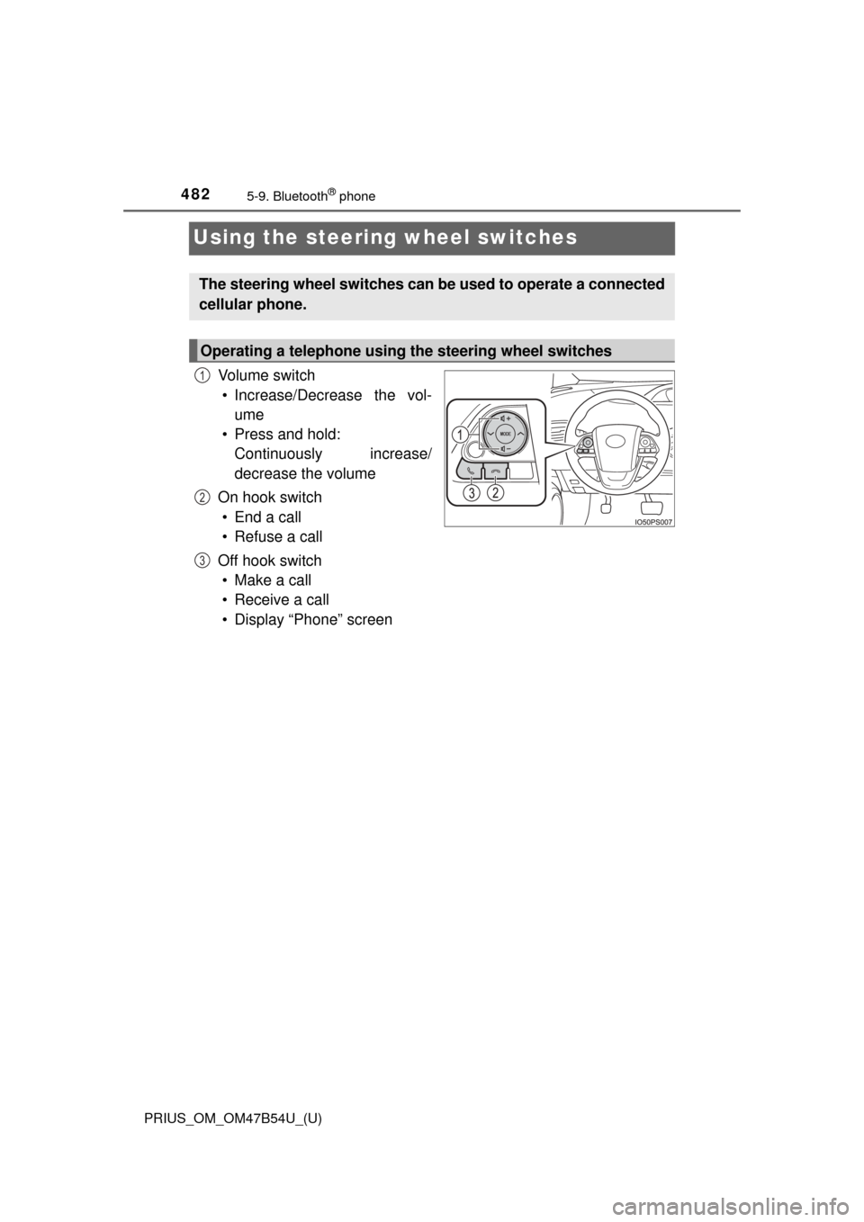 TOYOTA PRIUS 2017 4.G Owners Manual 482
PRIUS_OM_OM47B54U_(U)
5-9. Bluetooth® phone
Using the steering wheel switches
Vo l u m e  s w i t c h
• Increase/Decrease the vol- ume
• Press and hold:  Continuously increase/
decrease the v