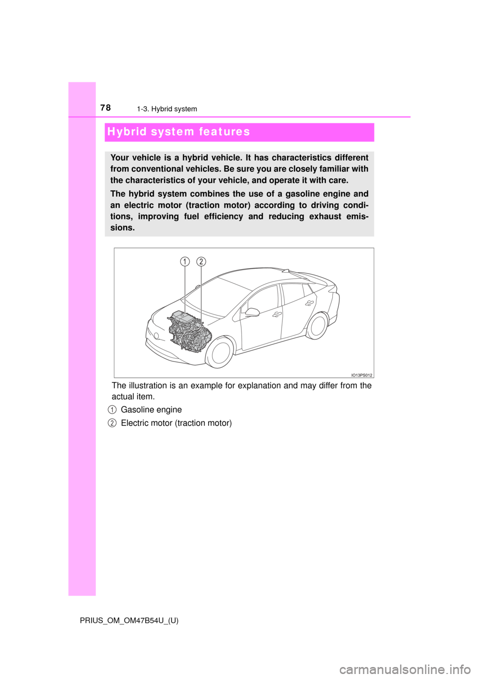 TOYOTA PRIUS 2017 4.G Owners Manual 781-3. Hybrid system
PRIUS_OM_OM47B54U_(U)
Hybrid system features
The illustration is an example for explanation and may differ from the
actual item.
Gasoline engine
Electric motor (traction motor)
Yo