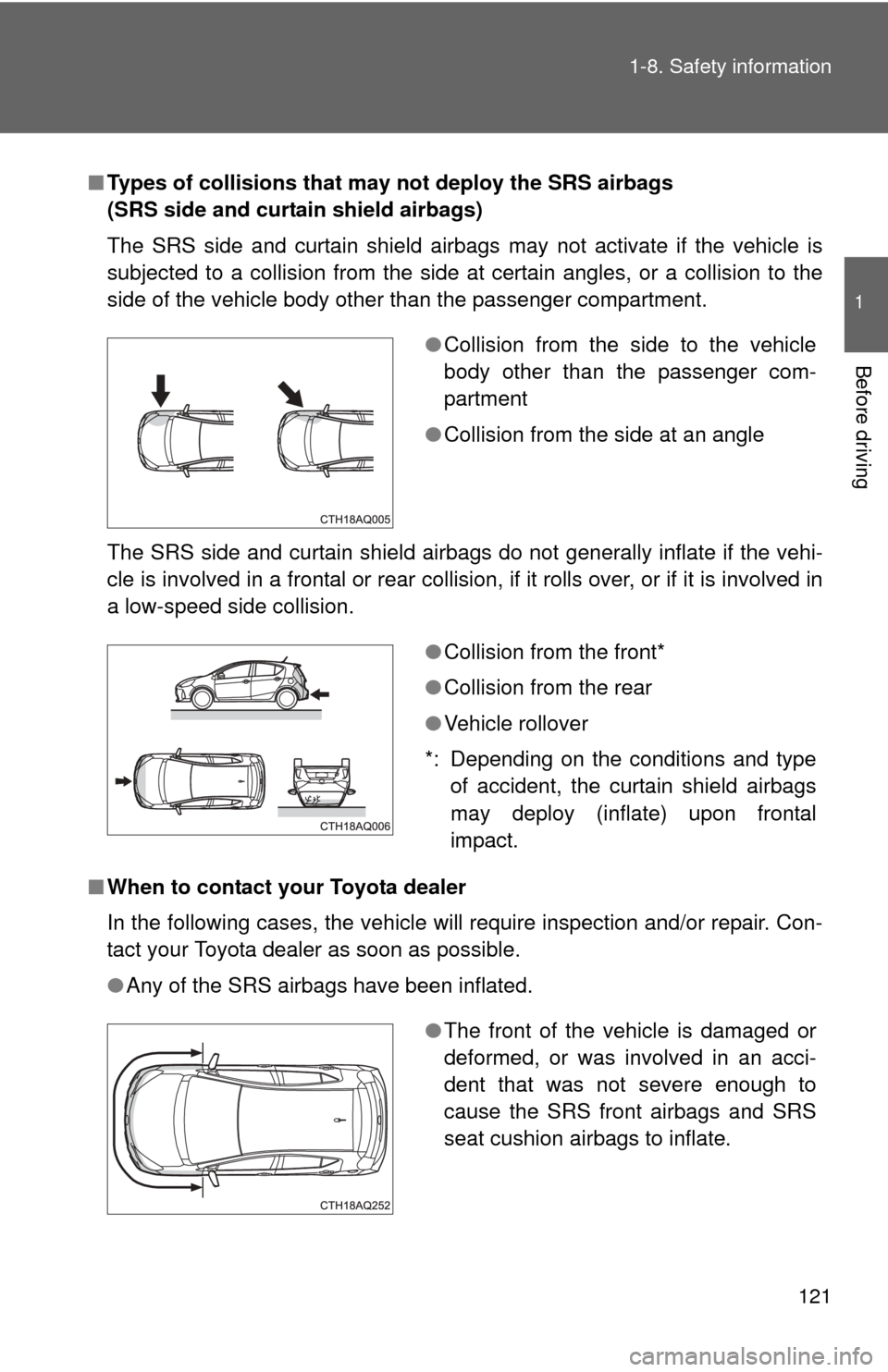 TOYOTA PRIUS C 2013 NHP10 / 1.G Owners Manual 121
1-8. Safety information
1
Before driving
■
Types of collisions that may not deploy the SRS airbags
(SRS side and curtain shield airbags)
The SRS side and curtain shield airbags may not activate TOYOTA PRIUS C 2013 NHP10 / 1.G Owners Manual 121
1-8. Safety information
1
Before driving
■
Types of collisions that may not deploy the SRS airbags
(SRS side and curtain shield airbags)
The SRS side and curtain shield airbags may not activate