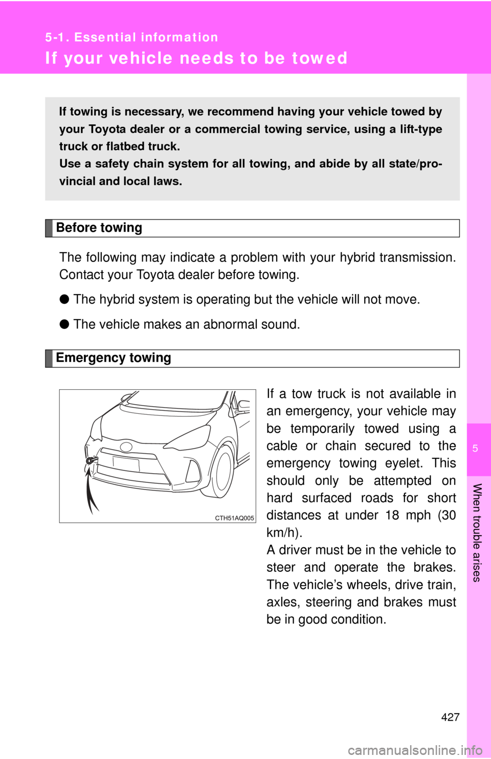TOYOTA PRIUS C 2013 NHP10 / 1.G Owners Manual 5
When trouble arises
427
5-1. Essential information
If your vehicle needs to be towed
Before towingThe following may indicate a problem with your hybrid transmission.
Contact your Toyota dealer befor TOYOTA PRIUS C 2013 NHP10 / 1.G Owners Manual 5
When trouble arises
427
5-1. Essential information
If your vehicle needs to be towed
Before towingThe following may indicate a problem with your hybrid transmission.
Contact your Toyota dealer befor