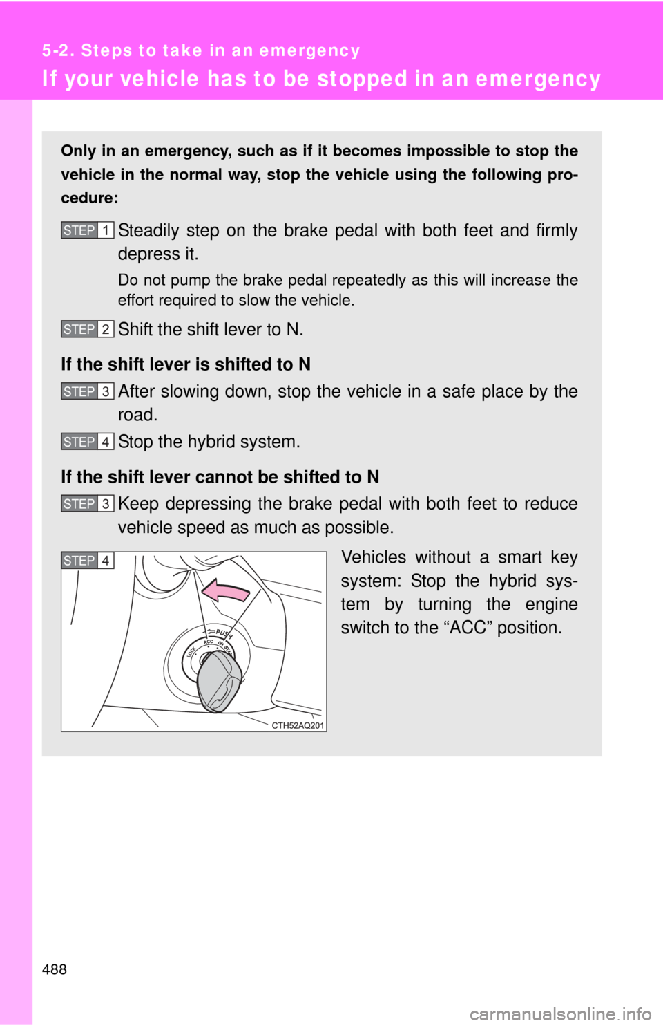 TOYOTA PRIUS C 2013 NHP10 / 1.G Owners Manual 488
5-2. Steps to take in an emergency
If your vehicle has to be stopped in an emergency
Only in an emergency, such as if it becomes impossible to stop the
vehicle in the normal way, stop  the vehicle