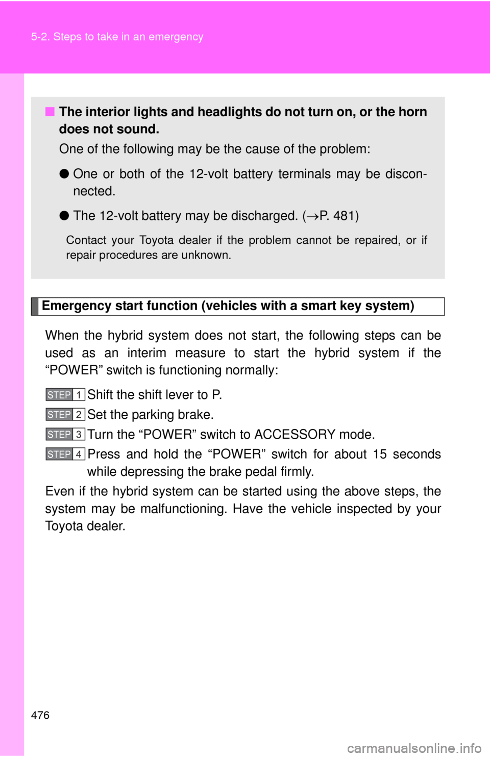 TOYOTA PRIUS C 2014 NHP10 / 1.G Owners Manual 476 5-2. Steps to take in an emergency
Emergency start function (vehicles with a smart key system)When the hybrid system does not start, the following steps can be
used as an interim measure to start 