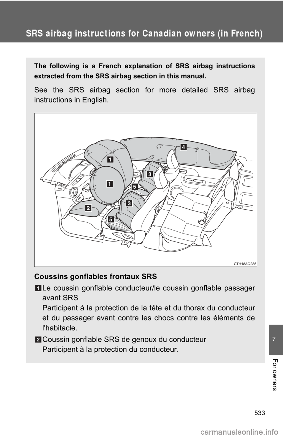 TOYOTA PRIUS C 2014 NHP10 / 1.G Owners Manual 533
7
For owners
SRS airbag instructions for Canadian owners (in French)
The following is a French explanation of SRS airbag instructions
extracted from the SRS airbag section in this manual.
See the 