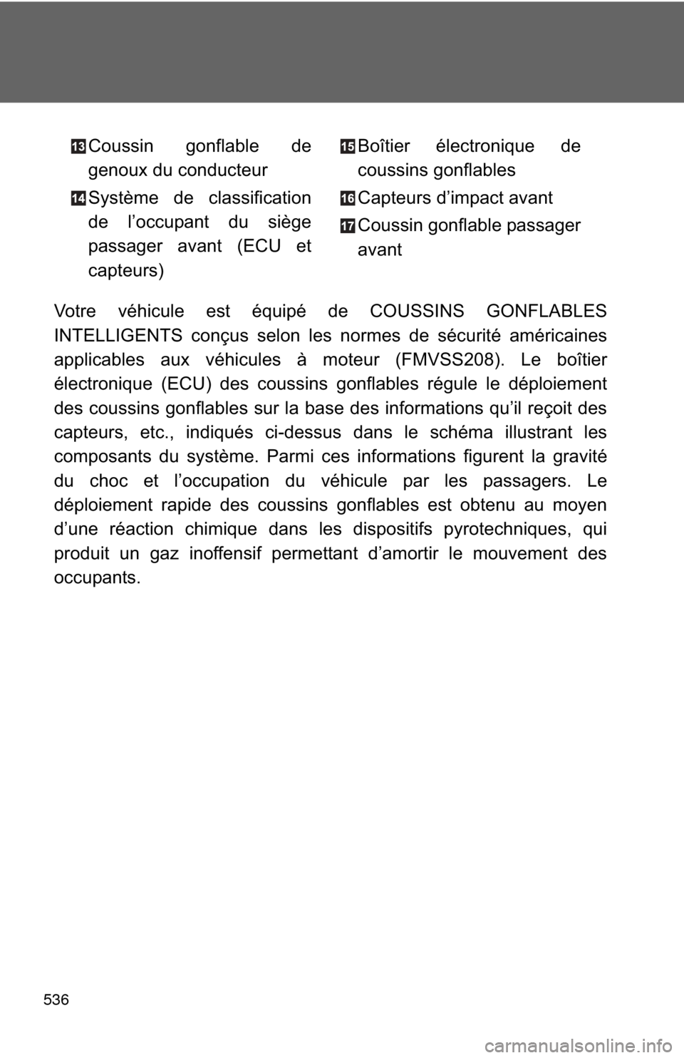 TOYOTA PRIUS C 2014 NHP10 / 1.G Owners Manual 536
Votre véhicule est équipé de COUSSINS GONFLABLES
INTELLIGENTS conçus selon les normes de sécurité américaines
applicables aux véhicules à moteur (FMVSS208). Le boîtier
électronique (ECU