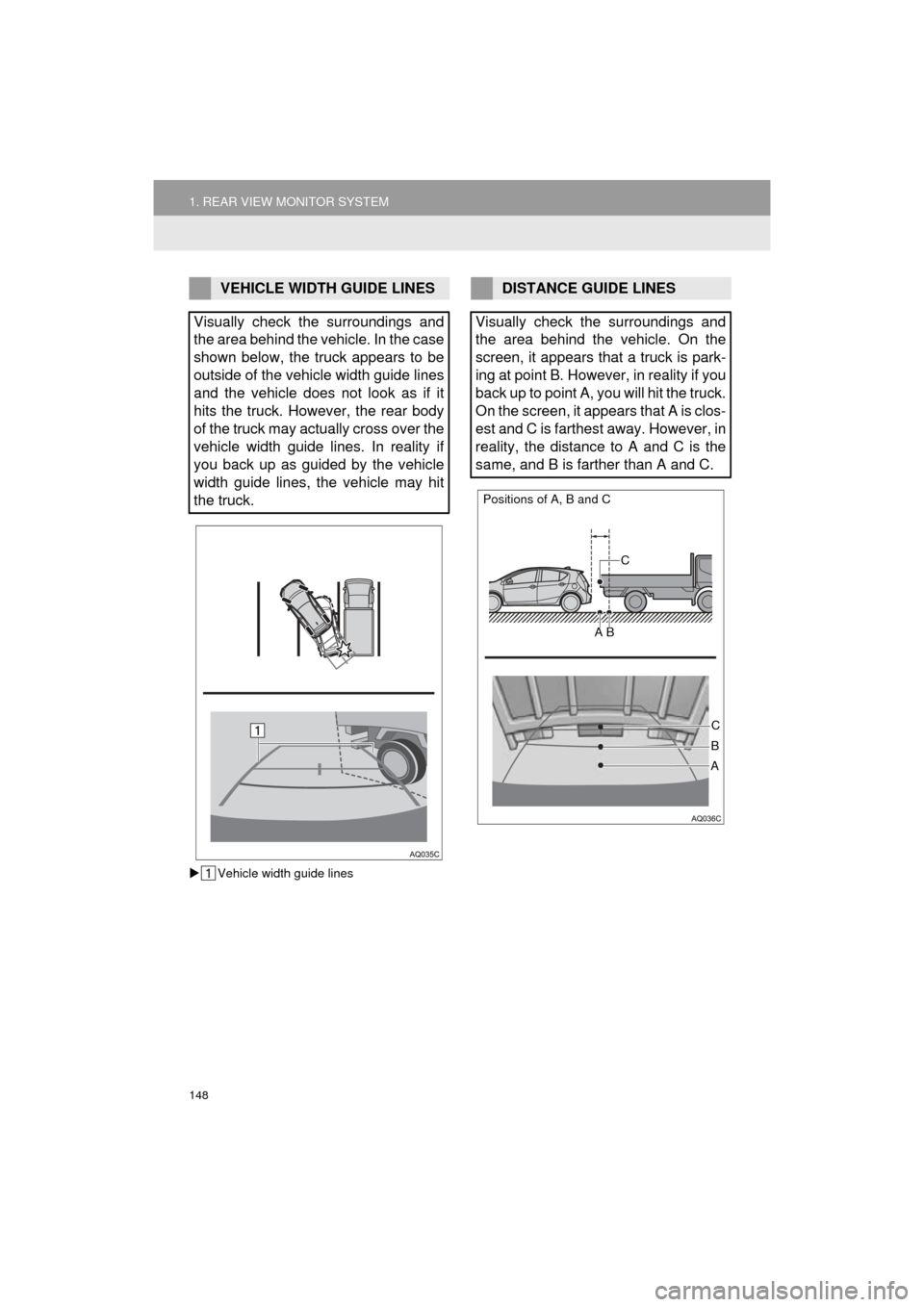 TOYOTA PRIUS C 2016 NHP10 / 1.G Navigation Manual 148
1. REAR VIEW MONITOR SYSTEM
Prius_C_Navi_U
Vehicle width guide lines
VEHICLE WIDTH GUIDE LINES
Visually check the surroundings and
the area behind the vehicle. In the case
shown below, the truc