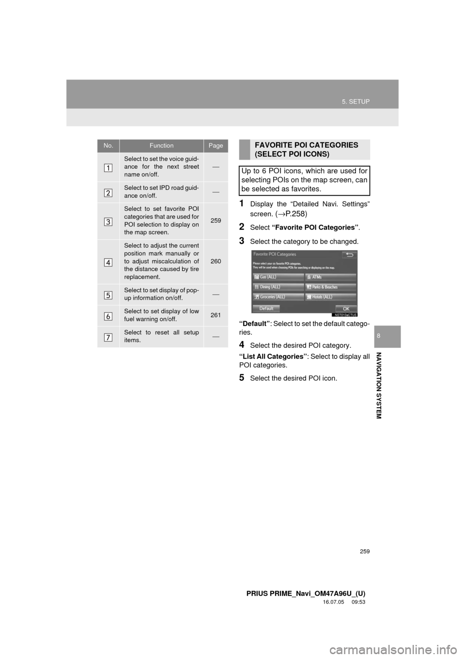 TOYOTA PRIUS PRIME 2017 2.G Navigation Manual 259
5. SETUP
PRIUS PRIME_Navi_OM47A96U_(U)
16.07.05 09:53
NAVIGATION SYSTEM
8
1Display the “Detailed Navi. Settings”
screen.
(→ P.258)
2Select “Favorite POI Categories” .
3Select the c TOYOTA PRIUS PRIME 2017 2.G Navigation Manual 259
5. SETUP
PRIUS PRIME_Navi_OM47A96U_(U)
16.07.05 09:53
NAVIGATION SYSTEM
8
1Display the “Detailed Navi. Settings”
screen.
(→ P.258)
2Select “Favorite POI Categories” .
3Select the c