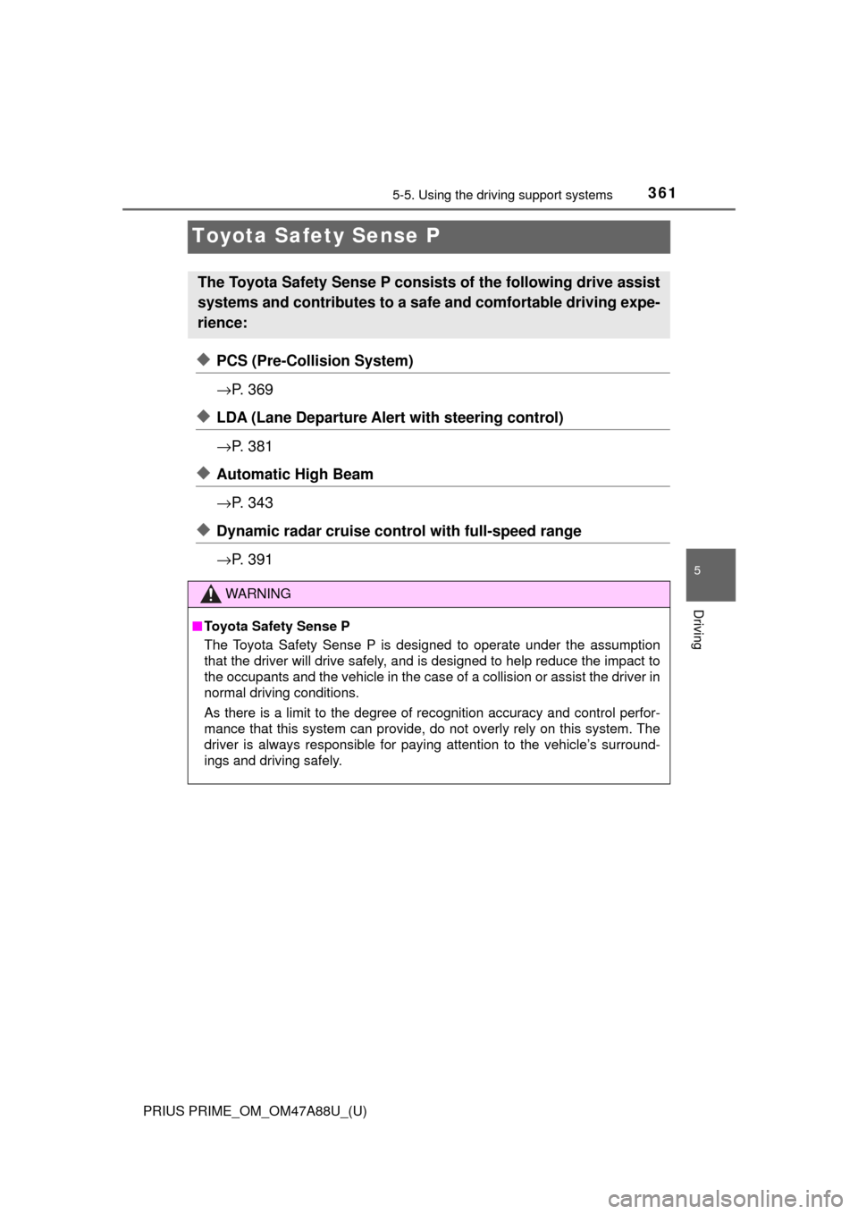 TOYOTA PRIUS PRIME 2017 2.G Owners Manual 361
PRIUS PRIME_OM_OM47A88U_(U)
5-5. Using the driving support systems
5
Driving
Toyota Safety Sense P
◆PCS (Pre-Collision System)
→P.  3 6 9
◆LDA (Lane Departure Alert with steering control)
