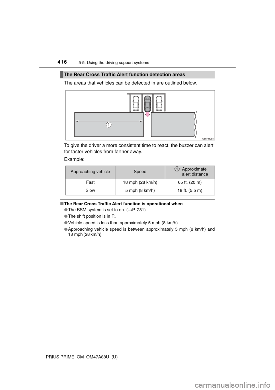 TOYOTA PRIUS PRIME 2017 2.G Owners Manual 416
PRIUS PRIME_OM_OM47A88U_(U)
5-5. Using the driving support systems
The areas that vehicles can be  detected in are outlined below.
To give the driver a more consistent time to react, the buzzer ca
