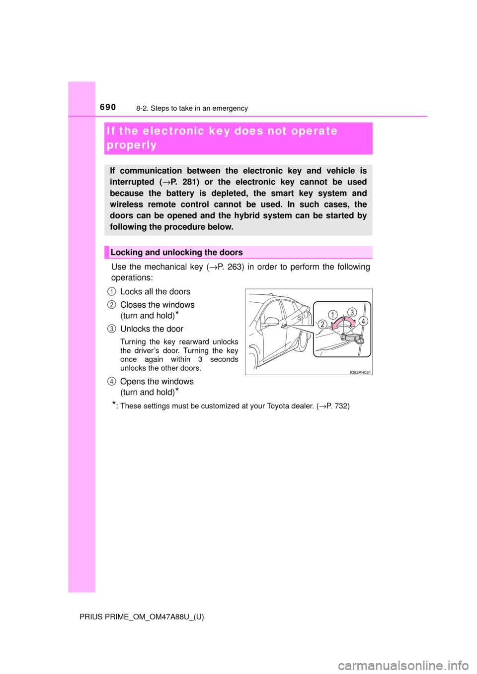TOYOTA PRIUS PRIME 2017 2.G Owners Manual 690
PRIUS PRIME_OM_OM47A88U_(U)
8-2. Steps to take in an emergency
If the electronic key does not operate 
properly
Use the mechanical key (→P. 263) in order to perform the following
operations:
Loc