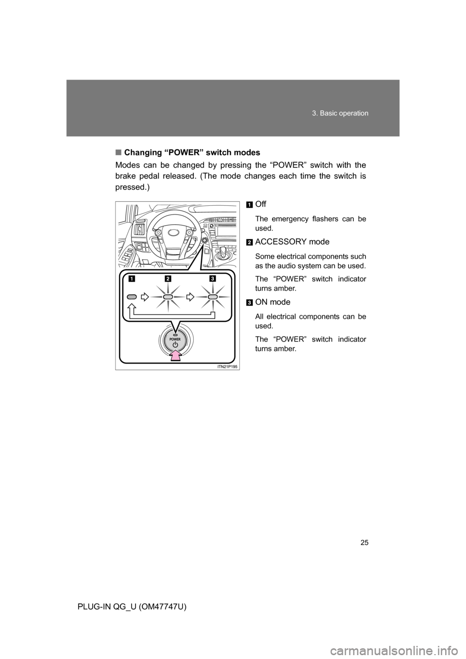 TOYOTA PRIUS PLUG-IN HYBRID 2012 1.G Owners Manual 25
3. Basic operation
PLUG-IN QG_U (OM47747U)
■
Changing “POWER” switch modes
Modes can be changed by pressing  the “POWER” switch with the
brake pedal released. (The mode  changes each time