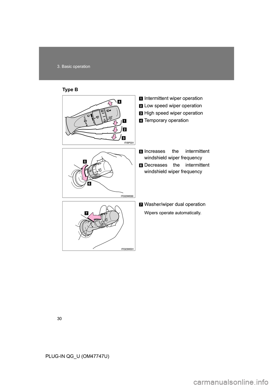 TOYOTA PRIUS PLUG-IN HYBRID 2012 1.G Owners Manual 30 3. Basic operation
PLUG-IN QG_U (OM47747U)Ty p e  B
Intermittent wiper operation
Low speed wiper operation
High speed wiper operation
Temporary operation
Increases the intermittent
windshield wiper
