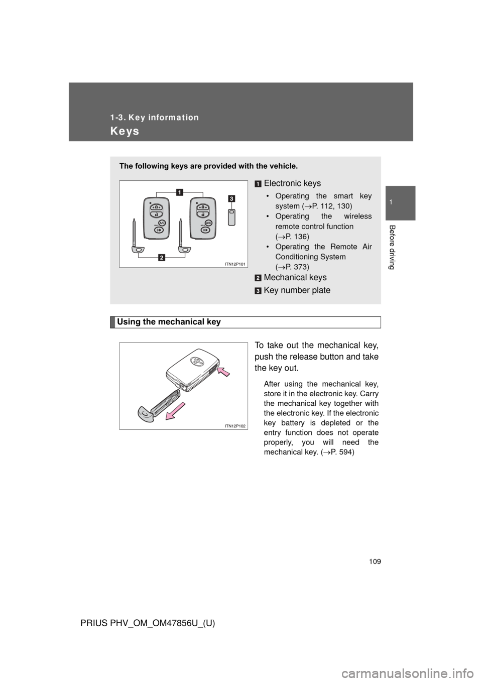 TOYOTA PRIUS PLUG-IN HYBRID 2014 1.G Owners Manual 109
1
Before driving
PRIUS PHV_OM_OM47856U_(U)
1-3. Key information
Keys
Using the mechanical keyTo take out the mechanical key,
push the release button and take
the key out.
After using the mechanica