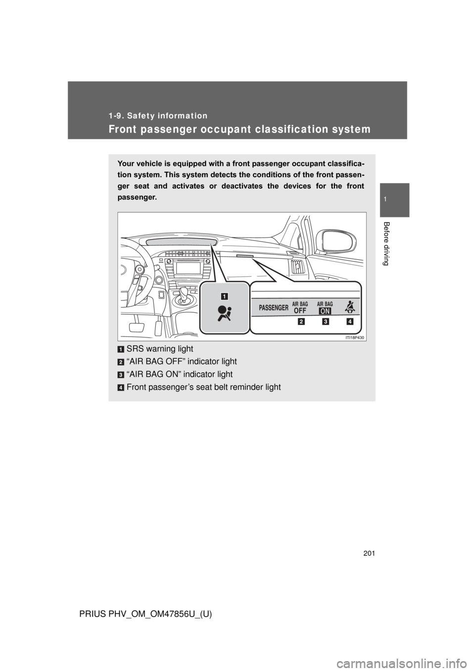 TOYOTA PRIUS PLUG-IN HYBRID 2014 1.G Owners Manual 201
1
1-9. Safety information
Before driving
PRIUS PHV_OM_OM47856U_(U)
Front passenger occupant classification system
Your vehicle is equipped with a front passenger occupant classifica-
tion system. 