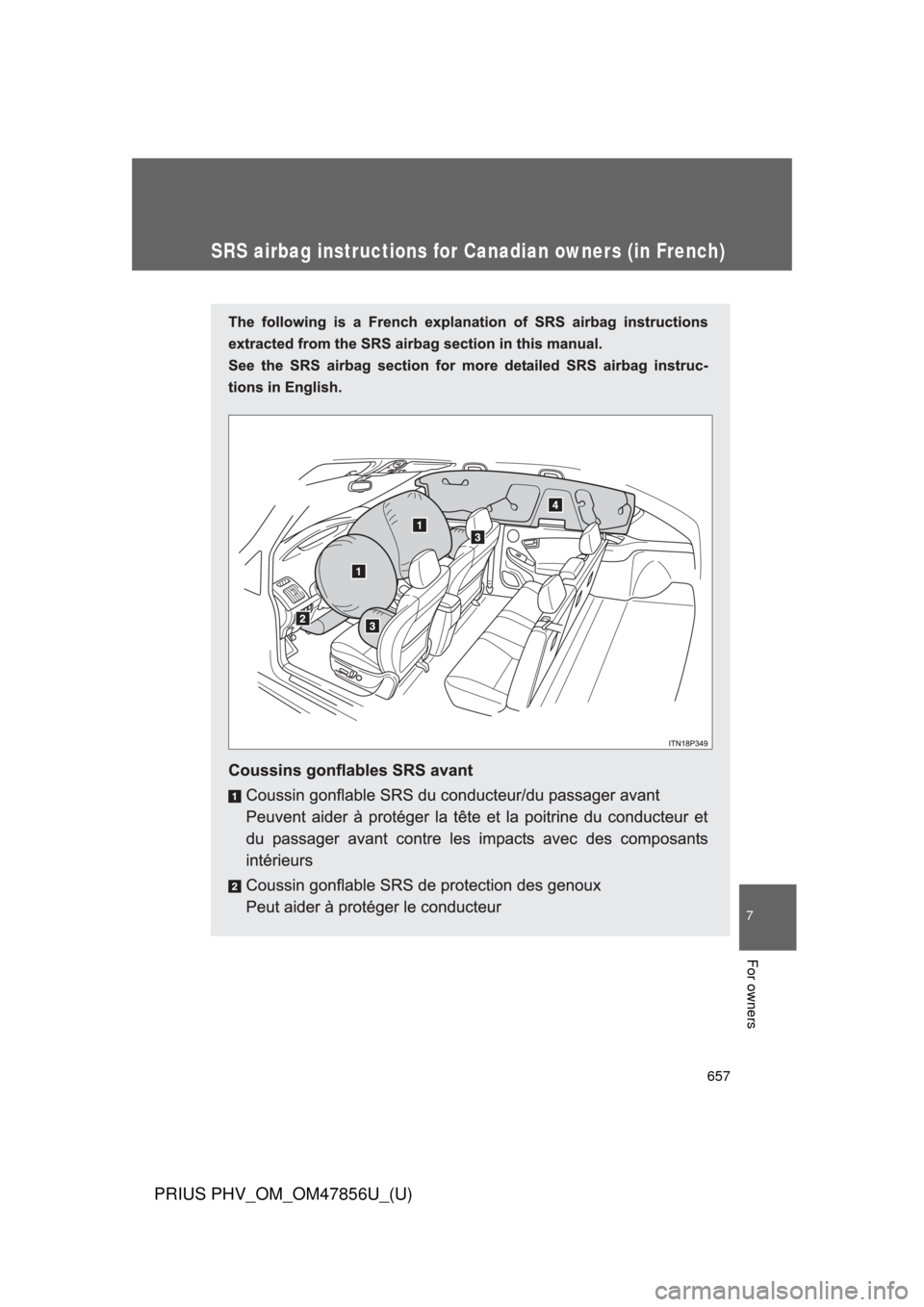 TOYOTA PRIUS PLUG-IN HYBRID 2014 1.G Owners Manual 657
7
For owners
PRIUS PHV_OM_OM47856U_(U)
SRS airbag instructions for Canadian owners (in French) 
