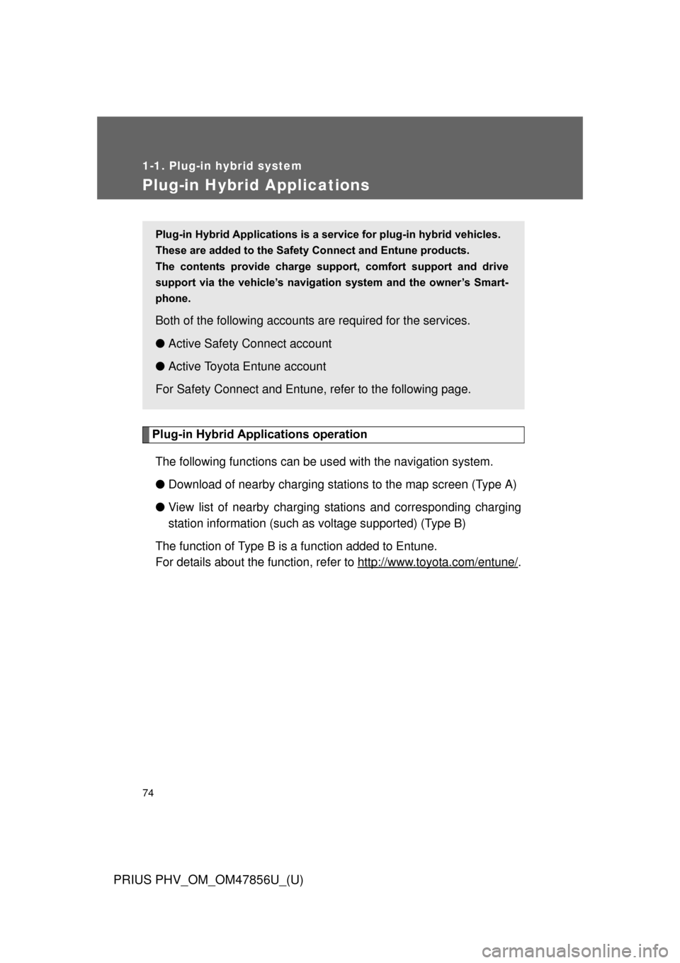 TOYOTA PRIUS PLUG-IN HYBRID 2014 1.G Owners Manual 74
1-1. Plug-in hybrid system
PRIUS PHV_OM_OM47856U_(U)
Plug-in Hybrid Applications
Plug-in Hybrid Applications operationThe following functions can be us ed with the navigation system.
● Download o