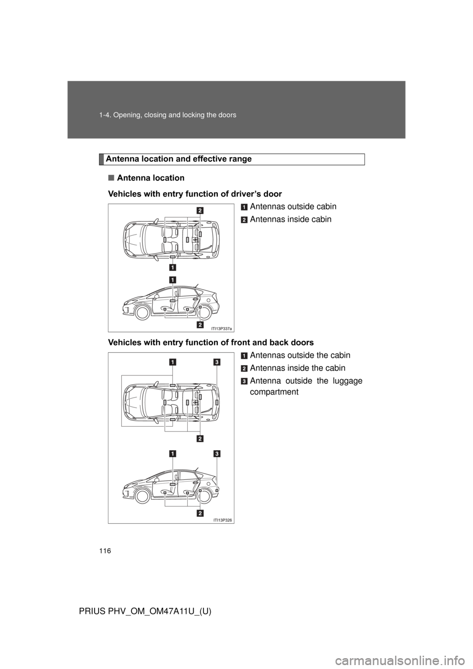 TOYOTA PRIUS PLUG-IN HYBRID 2015 1.G Owners Manual 116 1-4. Opening, closing and locking the doors
PRIUS PHV_OM_OM47A11U_(U)
Antenna location and effective range
■ Antenna location
Vehicles with entry function of driver’s door Antennas outside cab