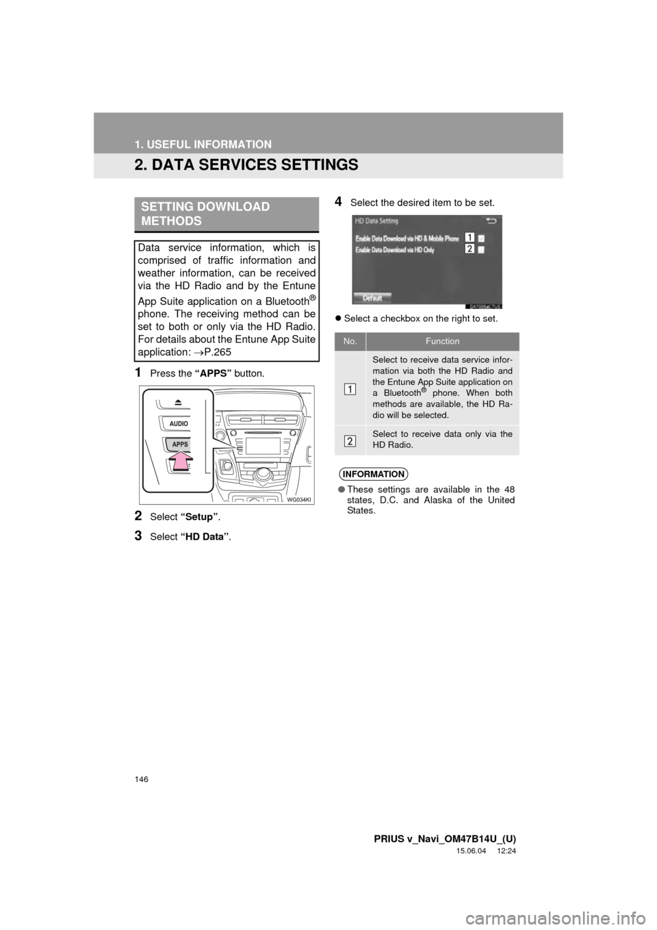 TOYOTA PRIUS V 2016 ZVW40 / 1.G Navigation Manual 146
1. USEFUL INFORMATION
PRIUS v_Navi_OM47B14U_(U)
15.06.04     12:24
2. DATA SERVICES SETTINGS
1Press the “APPS” button.
2Select “Setup” .
3Select “HD Data” .
4Select the desired  item t