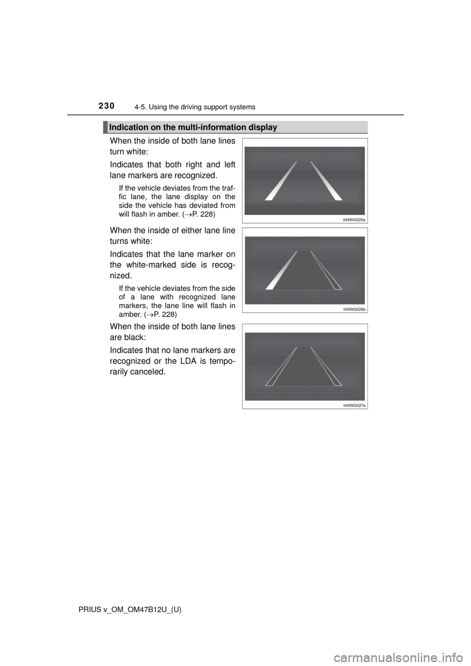 TOYOTA PRIUS V 2016 ZVW40 / 1.G Owners Manual 230
PRIUS v_OM_OM47B12U_(U)
4-5. Using the driving support systems
When the inside of both lane lines
turn white:
Indicates that both right and left
lane markers are recognized.
If the vehicle deviate