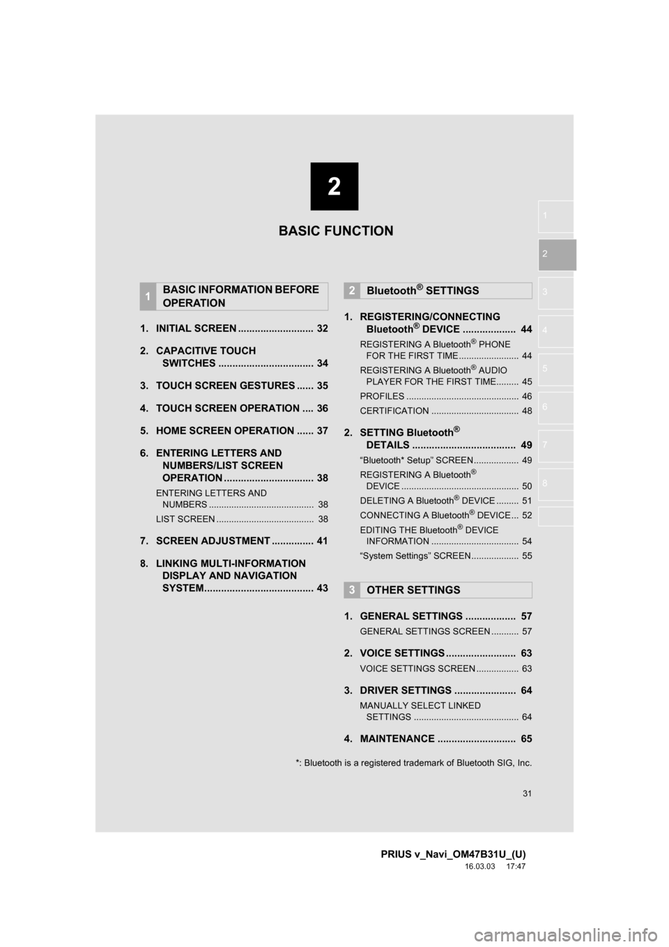TOYOTA PRIUS V 2017 ZVW40 / 1.G Navigation Manual 2
31
PRIUS v_Navi_OM47B31U_(U)
16.03.03     17:47
1
2
3
4
5
6
7
8
1. INITIAL SCREEN ........................... 32
2. CAPACITIVE TOUCH  SWITCHES .................................. 34
3. TOUCH SCREEN G