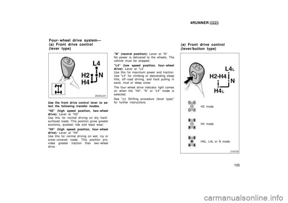 TOYOTA 4RUNNER 1999  Owners Manual 4RUNNER ()105
Use the front drive control lever to se- 
lect the following transfer modes. 
ºH2º (high speed position, two- wheel 
drive): Lever at ºH2º
Use this for normal driving on dry hard-
su