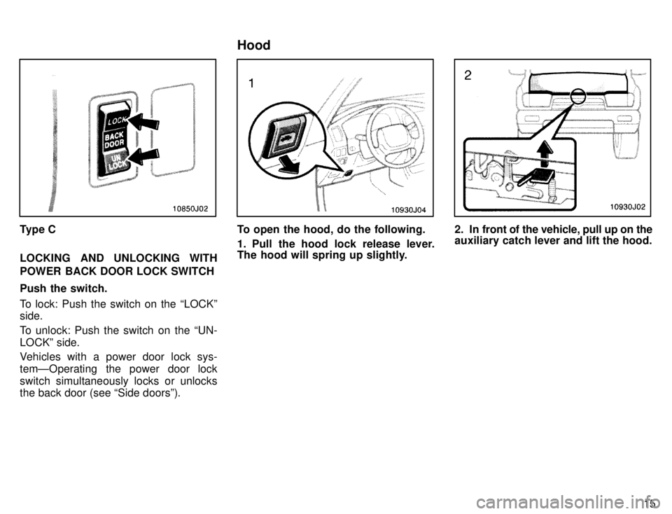 TOYOTA 4RUNNER 1996  Owners Manual 15
Type C 
LOCKING AND UNLOCKING WITH 
POWER BACK DOOR LOCK SWITCH Push the switch. 
To lock: Push the switch on the LOCKº side. 
To unlock: Push the switch on the UN- 
LOCKº side. 
Vehicles with 