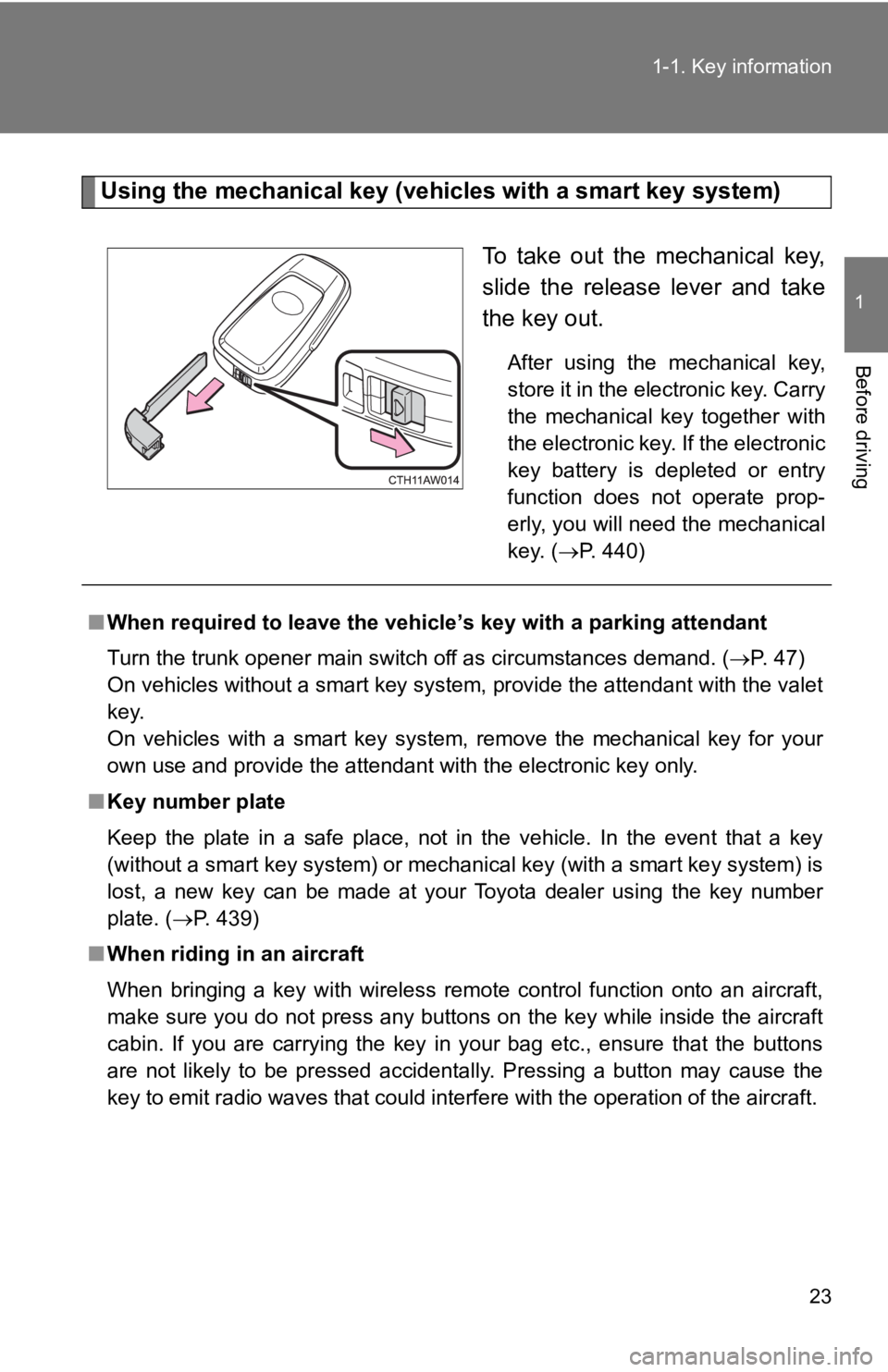 TOYOTA 86 2018 Owners Manual 23
1-1. Key information
1
Before driving
Using the mechanical key (vehic
les with a smart key system)
To take out the mechanical key,
slide the release lever and take
the key out.
After usi TOYOTA 86 2018 Owners Manual 23
1-1. Key information
1
Before driving
Using the mechanical key (vehic
les with a smart key system)
To take out the mechanical key,
slide the release lever and take
the key out.
After usi