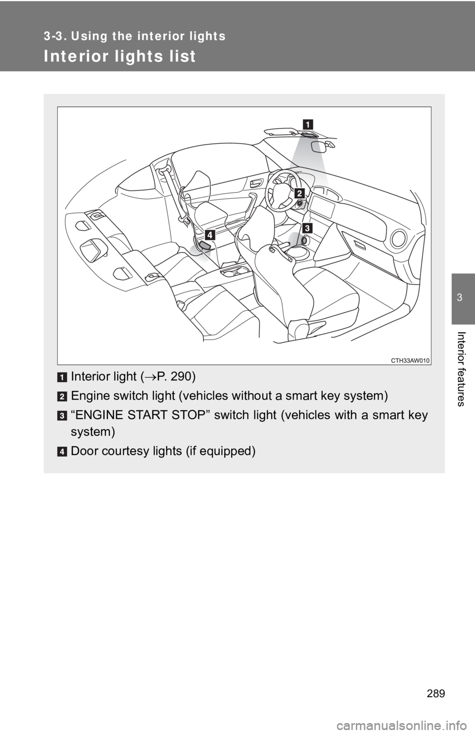 TOYOTA 86 2018  Owners Manual 289
3
Interior features
3-3. Using the interior lights
Interior lights list
Interior light (P. 290)
Engine switch light (vehicles  without a smart key system)
“ENGINE  START  STOP”  switch  lig