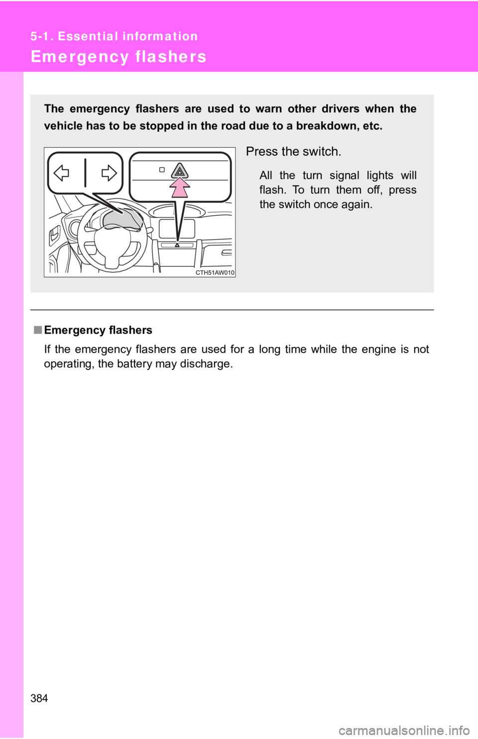 TOYOTA 86 2018  Owners Manual 384
5-1. Essential information
Emergency flashers
■Emergency flashers
If  the  emergency  flashers  are  used  for  a  long  time  while  the  en gine  is  not
operating, the battery may discharge.
