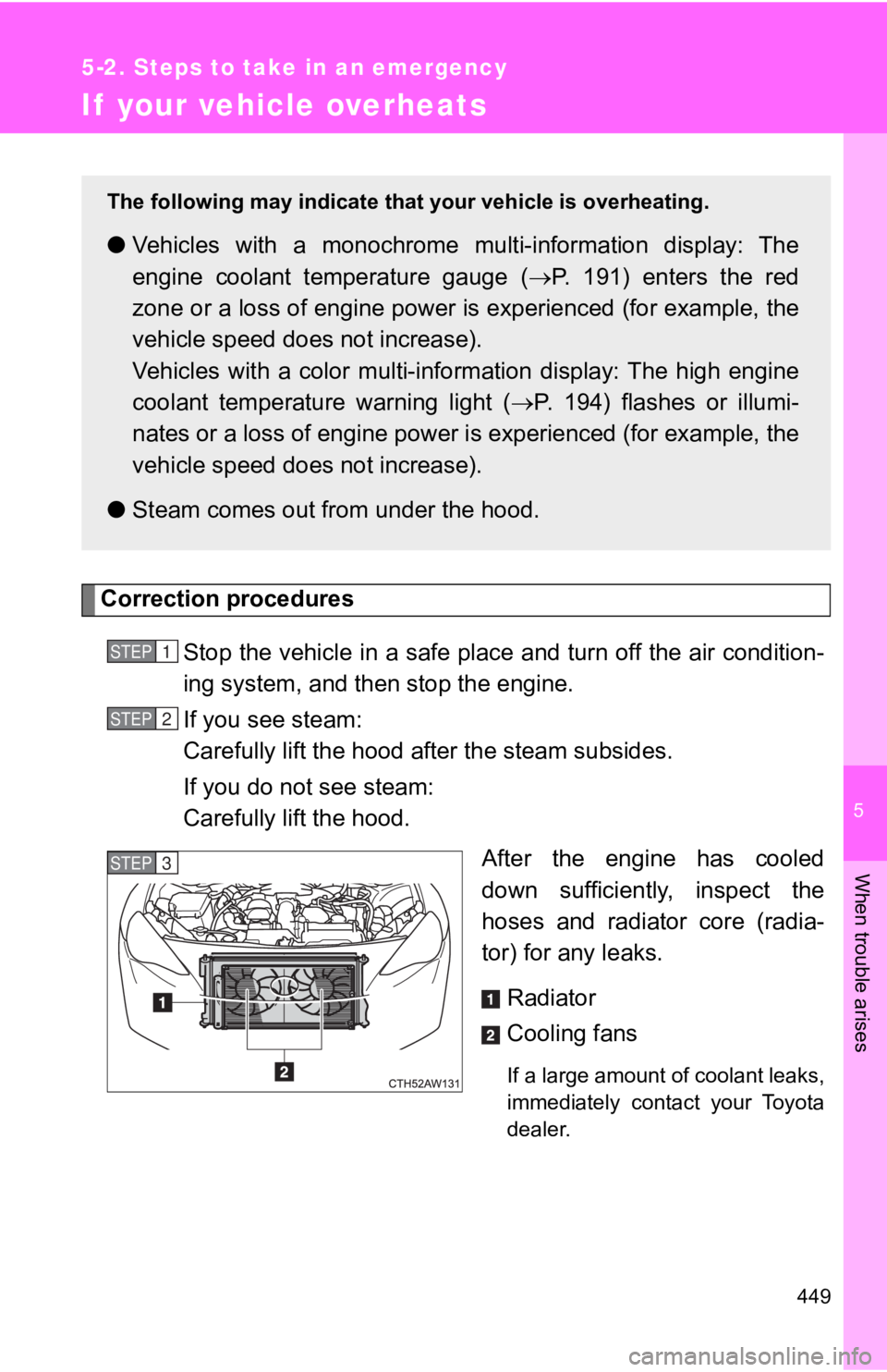 TOYOTA 86 2018 Owners Manual 5
When trouble arises
449
5-2. Steps to take in an emergency
If your vehicle overheats
Correction proceduresStop the vehicle in a safe place and turn off the air condition -
ing system, and then stop TOYOTA 86 2018 Owners Manual 5
When trouble arises
449
5-2. Steps to take in an emergency
If your vehicle overheats
Correction proceduresStop the vehicle in a safe place and turn off the air condition -
ing system, and then stop
