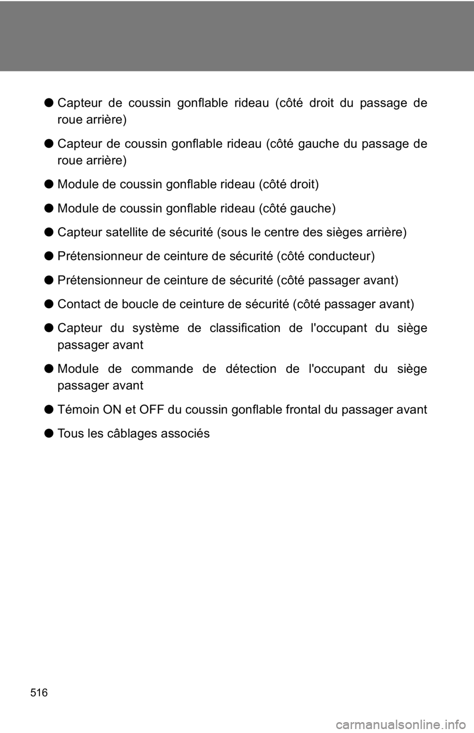 TOYOTA 86 2018  Owners Manual 516
●Capteur de coussin gonflable rideau (côté droit du passage de
roue arrière)
● Capteur de coussin gonflable rideau (côté gauche du passage de
roue arrière)
● Module de coussin gonflabl