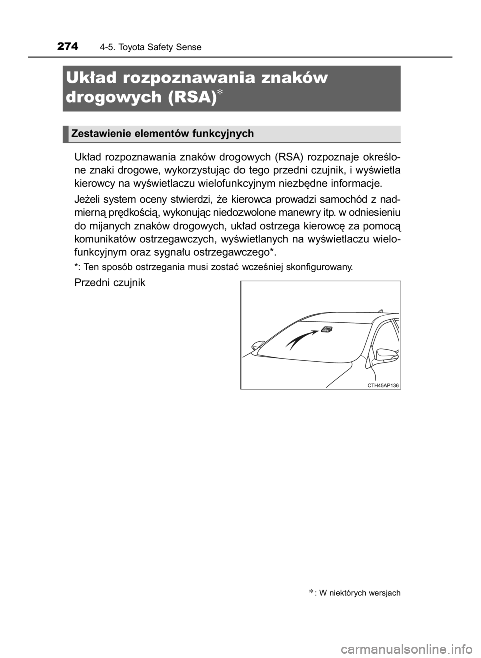 TOYOTA AURIS HYBRID 2017  Instrukcja obsługi (in Polish) Uk∏ad  rozpoznawania  znaków  drogowych  (RSA)  rozpoznaje  okreÊlo-
ne znaki drogowe, wykorzystujàc do tego przedni czujnik, i wyÊwietla
kierowcy na wyÊwietlaczu wielofunkcyjnym niezb´dne inf