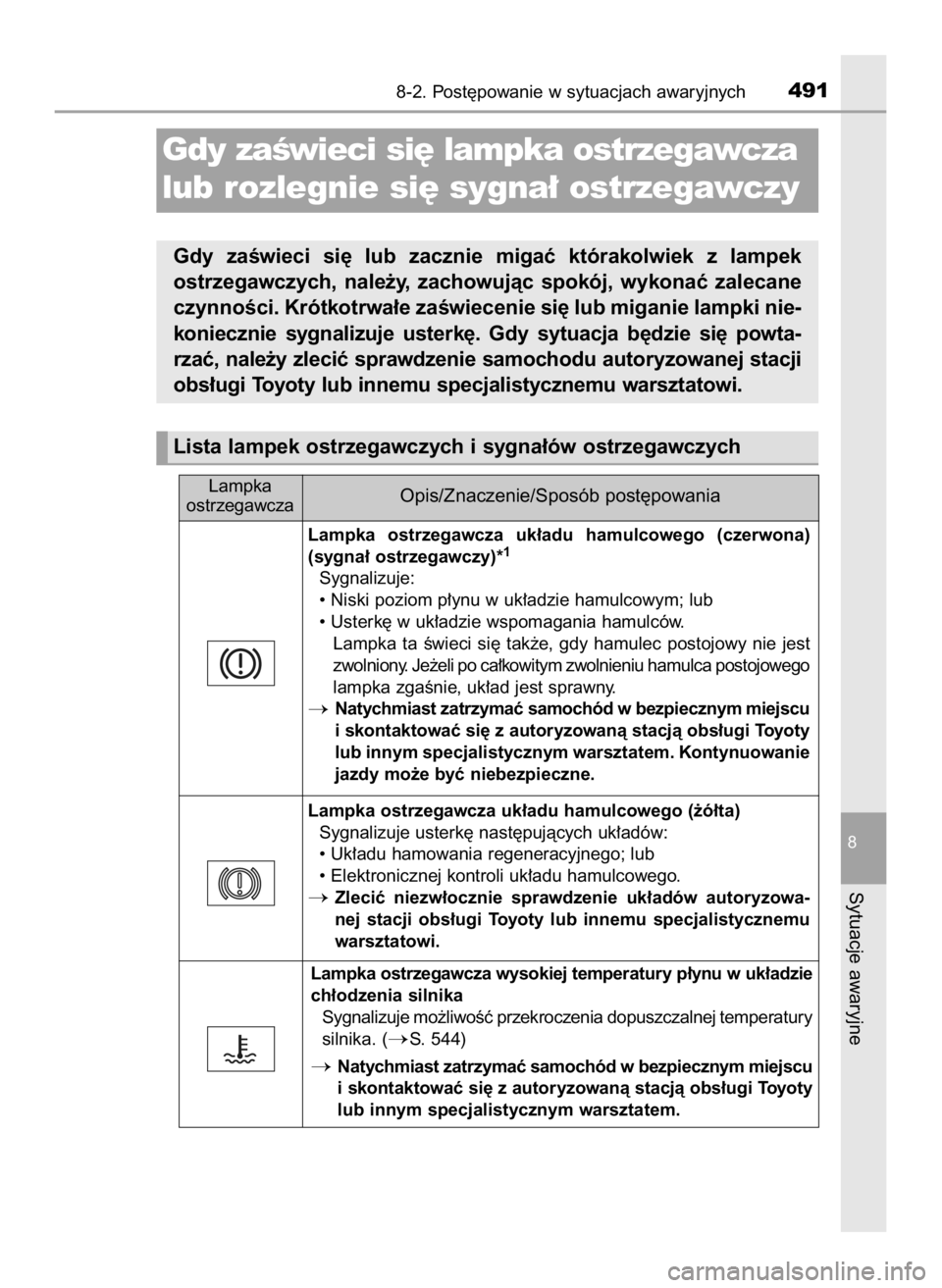 TOYOTA AURIS HYBRID 2017 Instrukcja obsługi (in Polish) 8-2. Post´powanie w sytuacjach awaryjnych491
8
Sytuacje awaryjne
Gdy zaÊwieci si´ lampka ostrzegawcza
lub rozlegnie si´ sygna∏ ostrzegawczy
Gdy zaÊwieci si´ lub zacznie migaç którakolw TOYOTA AURIS HYBRID 2017 Instrukcja obsługi (in Polish) 8-2. Post´powanie w sytuacjach awaryjnych491
8
Sytuacje awaryjne
Gdy zaÊwieci si´ lampka ostrzegawcza
lub rozlegnie si´ sygna∏ ostrzegawczy
Gdy zaÊwieci si´ lub zacznie migaç którakolw