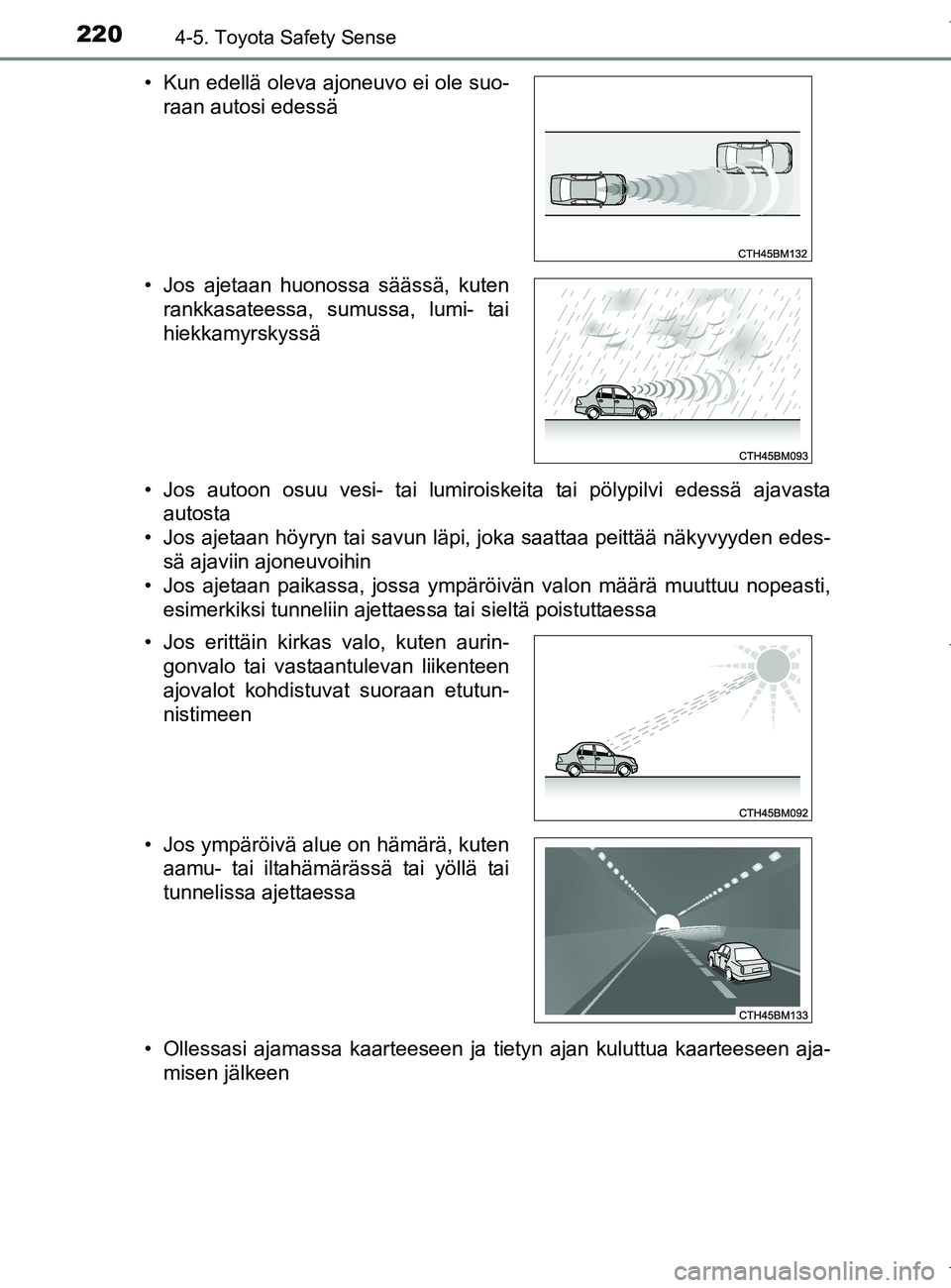 TOYOTA AURIS HYBRID 2017  Omistajan Käsikirja (in Finnish) 2204-5. Toyota Safety Sense
OM12L07FI• Jos autoon osuu vesi- tai lumiroiskeita tai pölypilvi edessä ajavasta
autosta
• Jos ajetaan höyryn tai savun läpi, joka saattaa peittää näkyvyyden ede