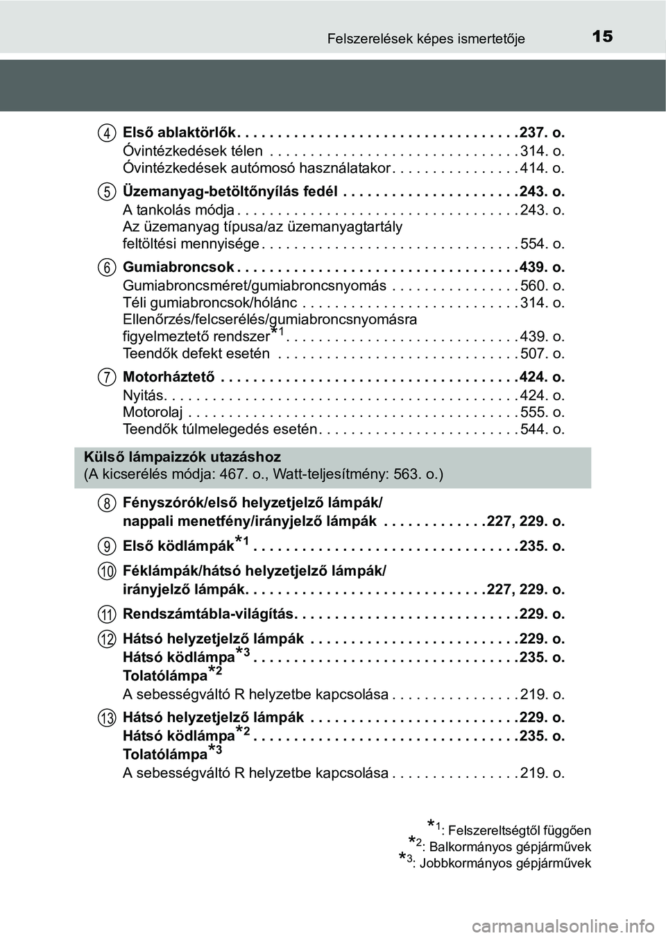 TOYOTA AURIS HYBRID 2016  Kezelési útmutató (in Hungarian) 15Felszerelések képes ismertetője
Első ablaktörlők . . . . . . . . . . . . . . . . . . . . . . . . . . . . . . . . . . . 237. o.
Óvintézkedések télen  . . . . . . . . . . . . . . . . . . . .