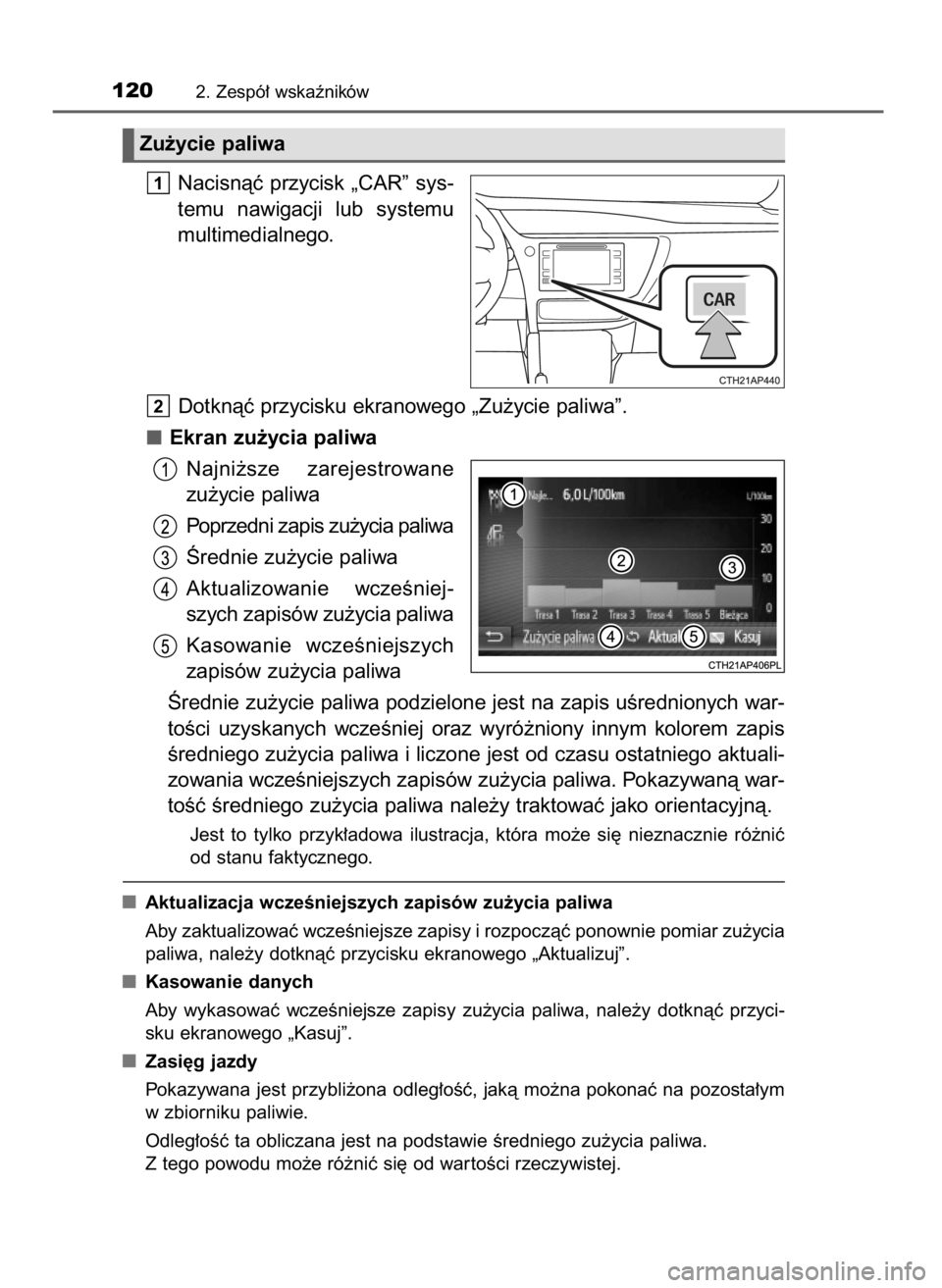 TOYOTA AURIS TOURING SPORTS 2017 Instrukcja obsługi (in Polish) Nacisnàç przycisk „CAR” sys-
temu nawigacji lub systemu
multimedialnego.
Dotknàç przycisku ekranowego „Zu˝ycie paliwa”.
Ekran zu˝ycia paliwa
Najni˝sze zarejestrowane
zu˝ycie paliwa TOYOTA AURIS TOURING SPORTS 2017 Instrukcja obsługi (in Polish) Nacisnàç przycisk „CAR” sys-
temu nawigacji lub systemu
multimedialnego.
Dotknàç przycisku ekranowego „Zu˝ycie paliwa”.
Ekran zu˝ycia paliwa
Najni˝sze zarejestrowane
zu˝ycie paliwa