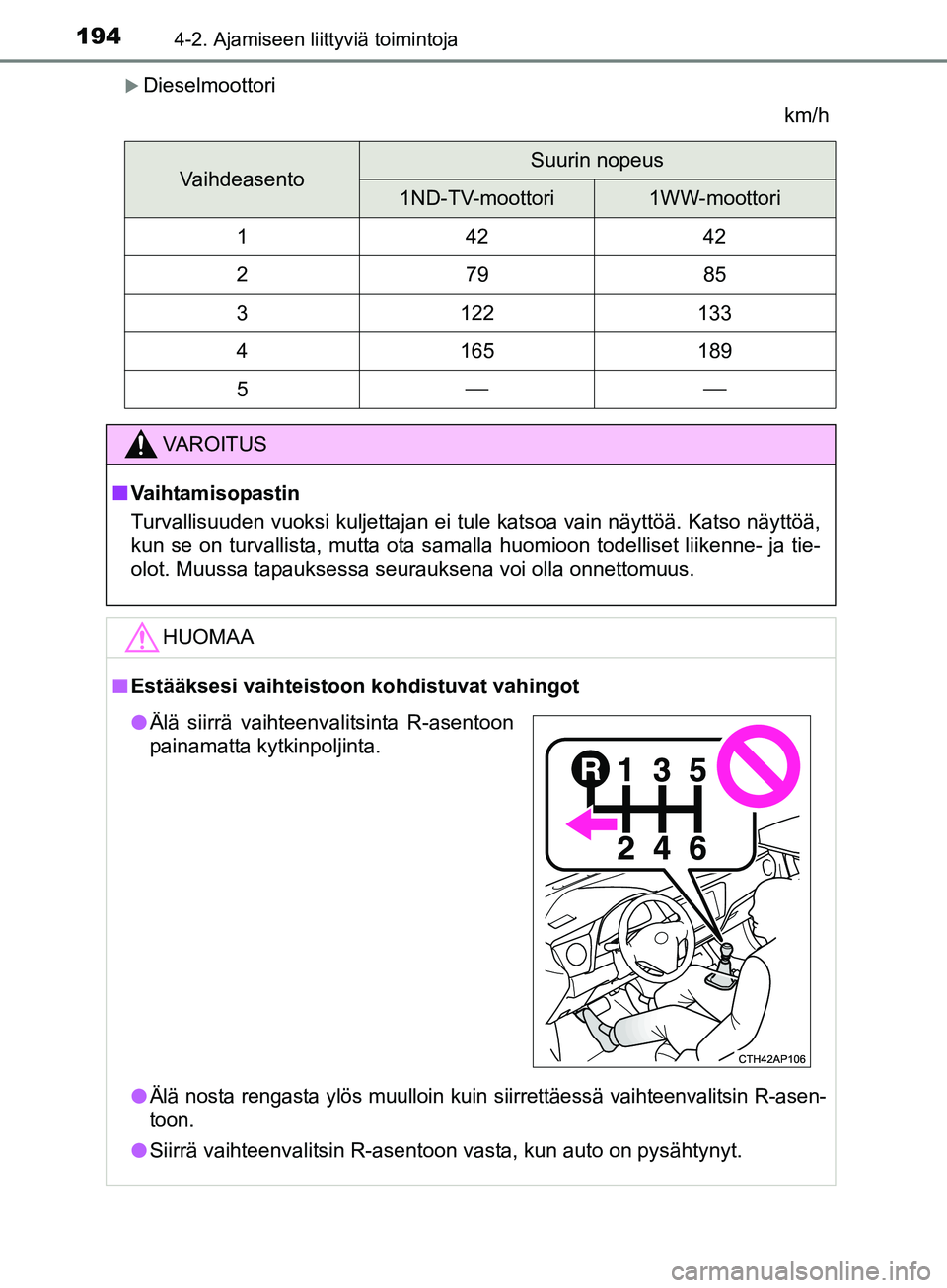 TOYOTA AURIS TOURING SPORTS 2017  Omistajan Käsikirja (in Finnish) 1944-2. Ajamiseen liittyviä toimintoja
OM12L13FI
Dieselmoottorikm/h
VaihdeasentoSuurin nopeus
1ND-TV-moottori1WW-moottori
14242
27985
3122133
4165189
5
VAROITUS
nVaihtamisopastin
Turvallisuu