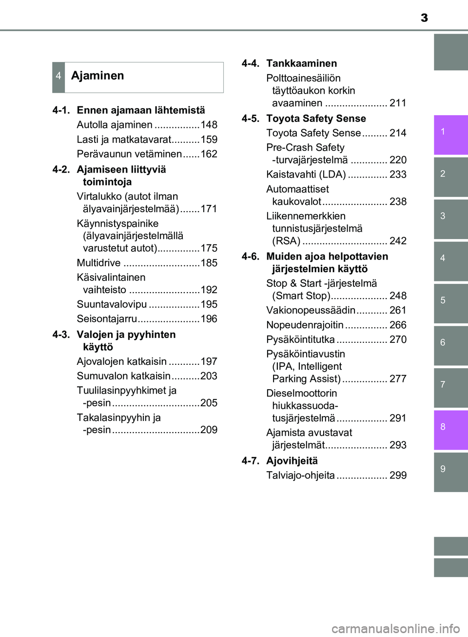 TOYOTA AURIS TOURING SPORTS 2017  Omistajan Käsikirja (in Finnish) 3
1
9 8
7 5 4
3
2
OM12L13FI
6
4-1. Ennen ajamaan lähtemistäAutolla ajaminen ................148
Lasti ja matkatavarat..........159
Perävaunun vetäminen ......162
4-2. Ajamiseen liittyviä  toimint