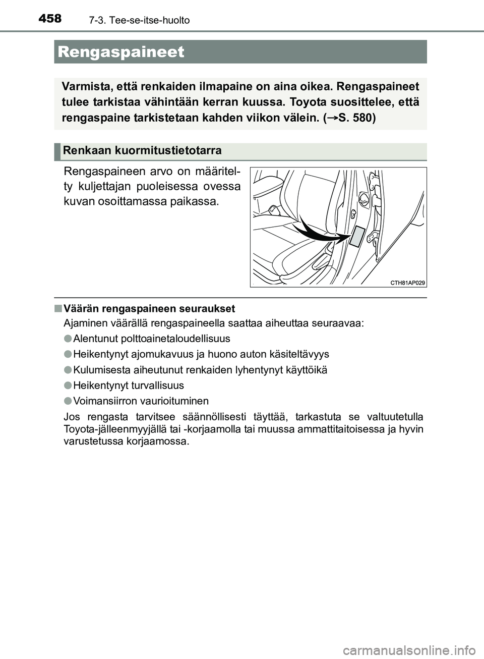 TOYOTA AURIS TOURING SPORTS 2017  Omistajan Käsikirja (in Finnish) 4587-3. Tee-se-itse-huolto
OM12L13FI
Rengaspaineen arvo on määritel-
ty kuljettajan puoleisessa ovessa
kuvan osoittamassa paikassa.
nVäärän rengaspaineen seuraukset
Ajaminen väärällä rengaspa