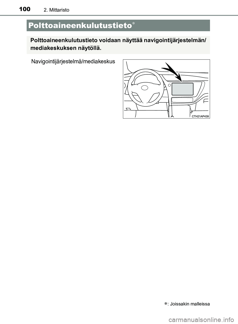 TOYOTA AURIS TOURING SPORTS 2017  Omistajan Käsikirja (in Finnish) 1002. Mittaristo
OM12L13FI
Navigointijärjestelmä/mediakeskus
Polttoaineenkulutustieto
: Joissakin malleissa
Polttoaineenkulutustieto voidaan näyttää navigointijärjestelmän/
mediakeskuksen