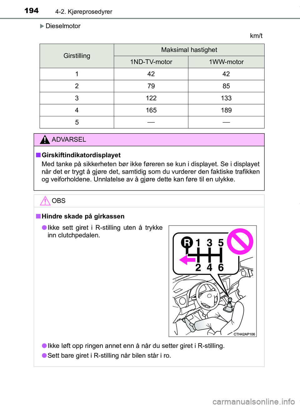 TOYOTA AURIS TOURING SPORTS 2016  Instruksjoner for bruk (in Norwegian) 1944-2. Kjøreprosedyrer
AURIS Touring Sports (OM12L13NO)
Dieselmotorkm/t
GirstillingMaksimal hastighet
1ND-TV-motor1WW-motor
14242
27985
3122133
4165189
5
ADVARSEL
n Girskiftindikatordisplay